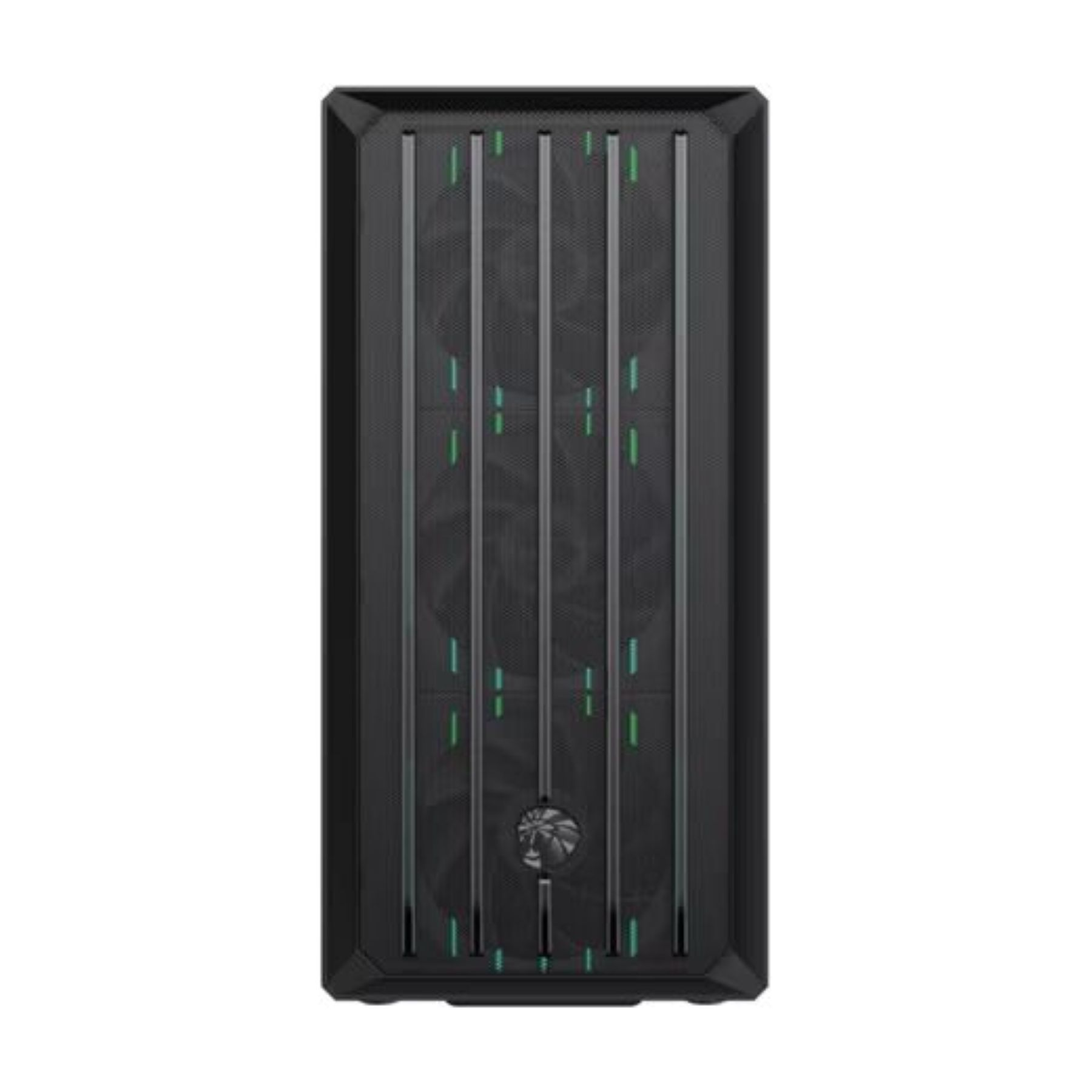 Schwarzes Computergehäuse mit vertikalen Streifen und grünen Akzenten.