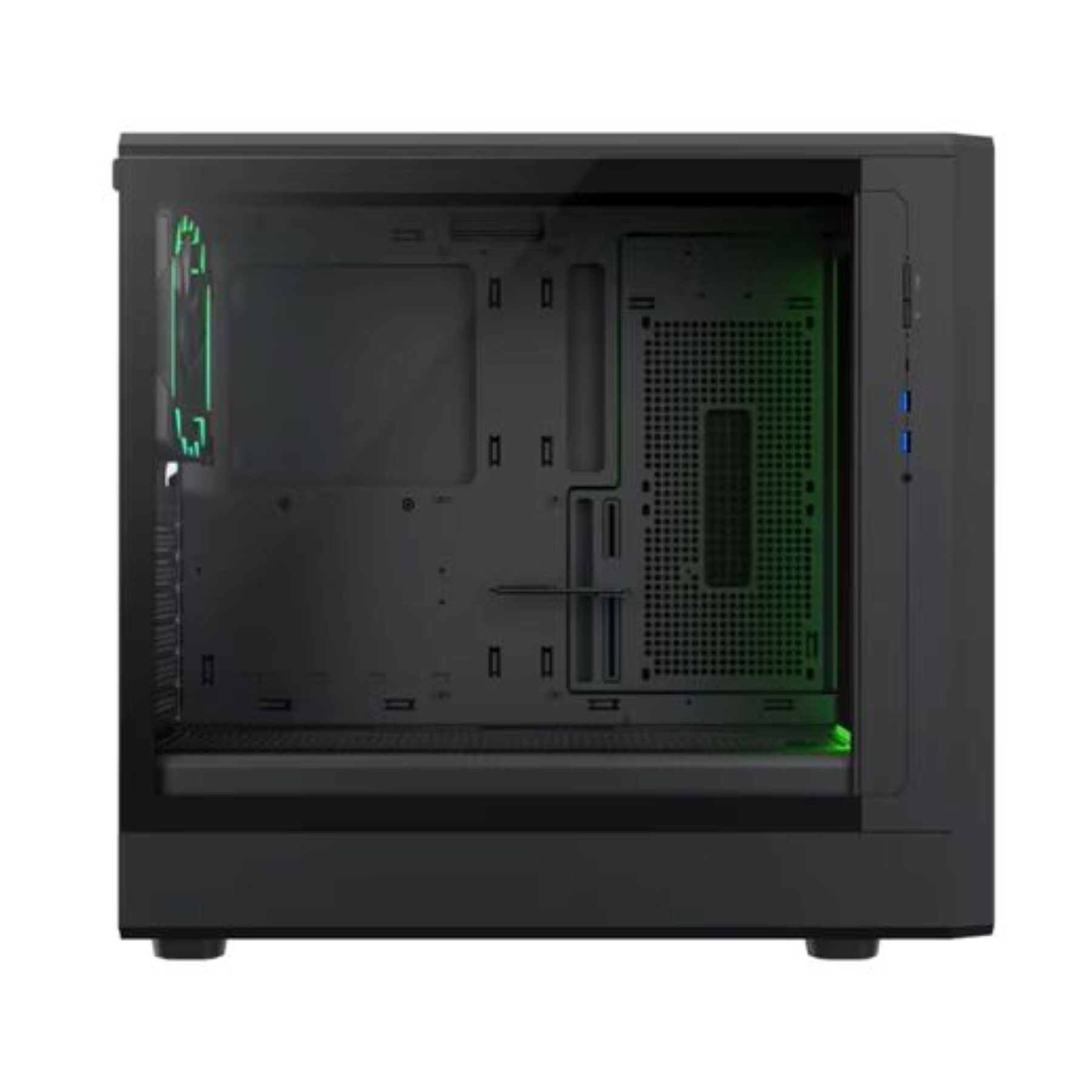 Ein schwarzes Computergehäuse mit offenem Seitenteil und grünen Lichtern.