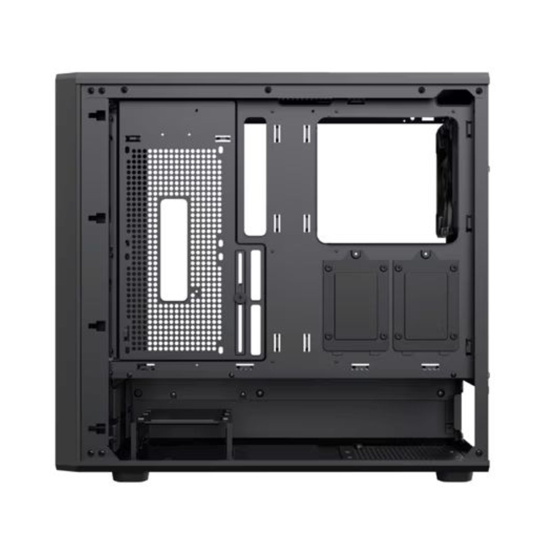 Innenansicht eines schwarzen Computergehäuses mit Lüftungsschlitzen und Montagepunkten.