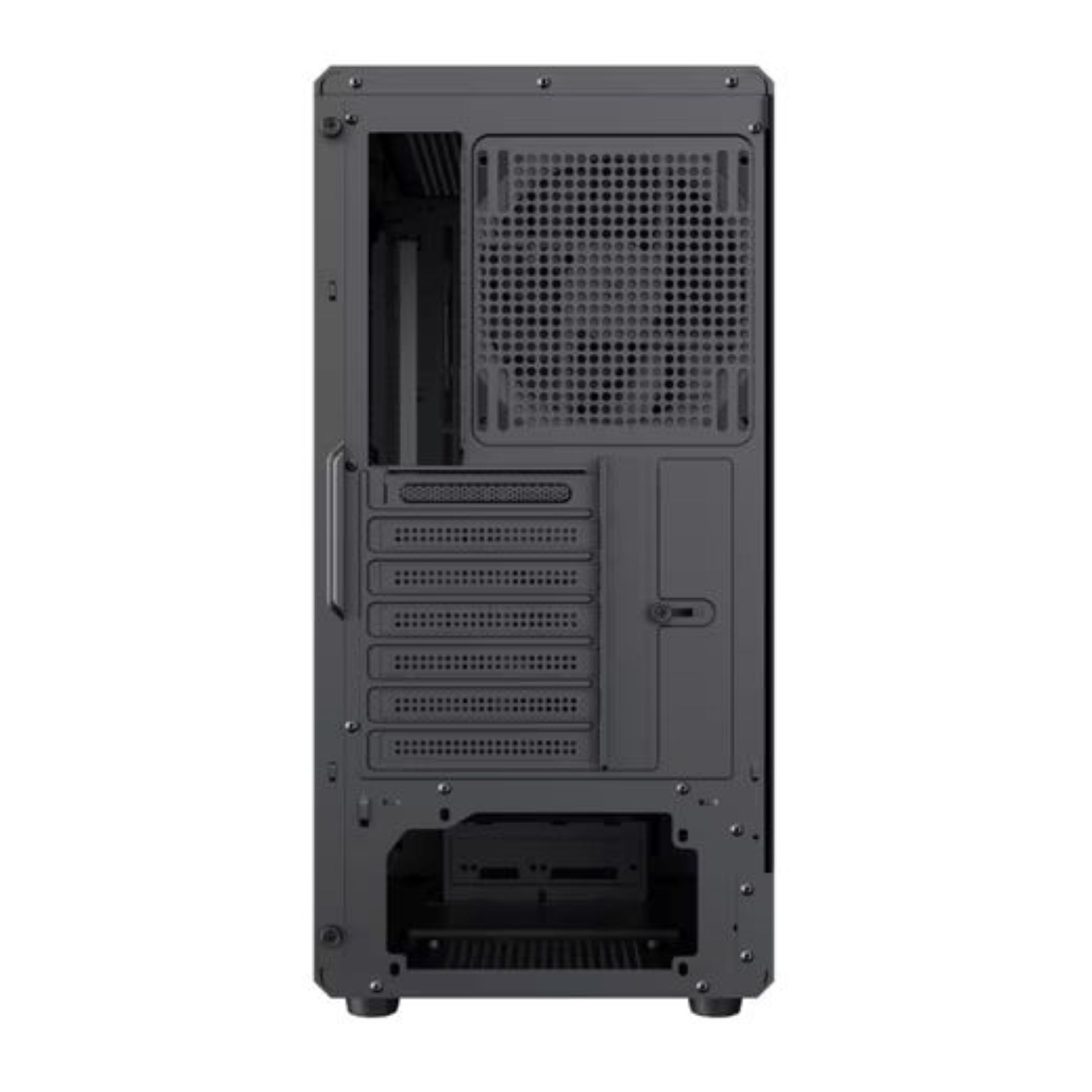 Rückseite eines schwarzen Computergehäuses mit Lüftungsschlitzen und Erweiterungssteckplätzen.