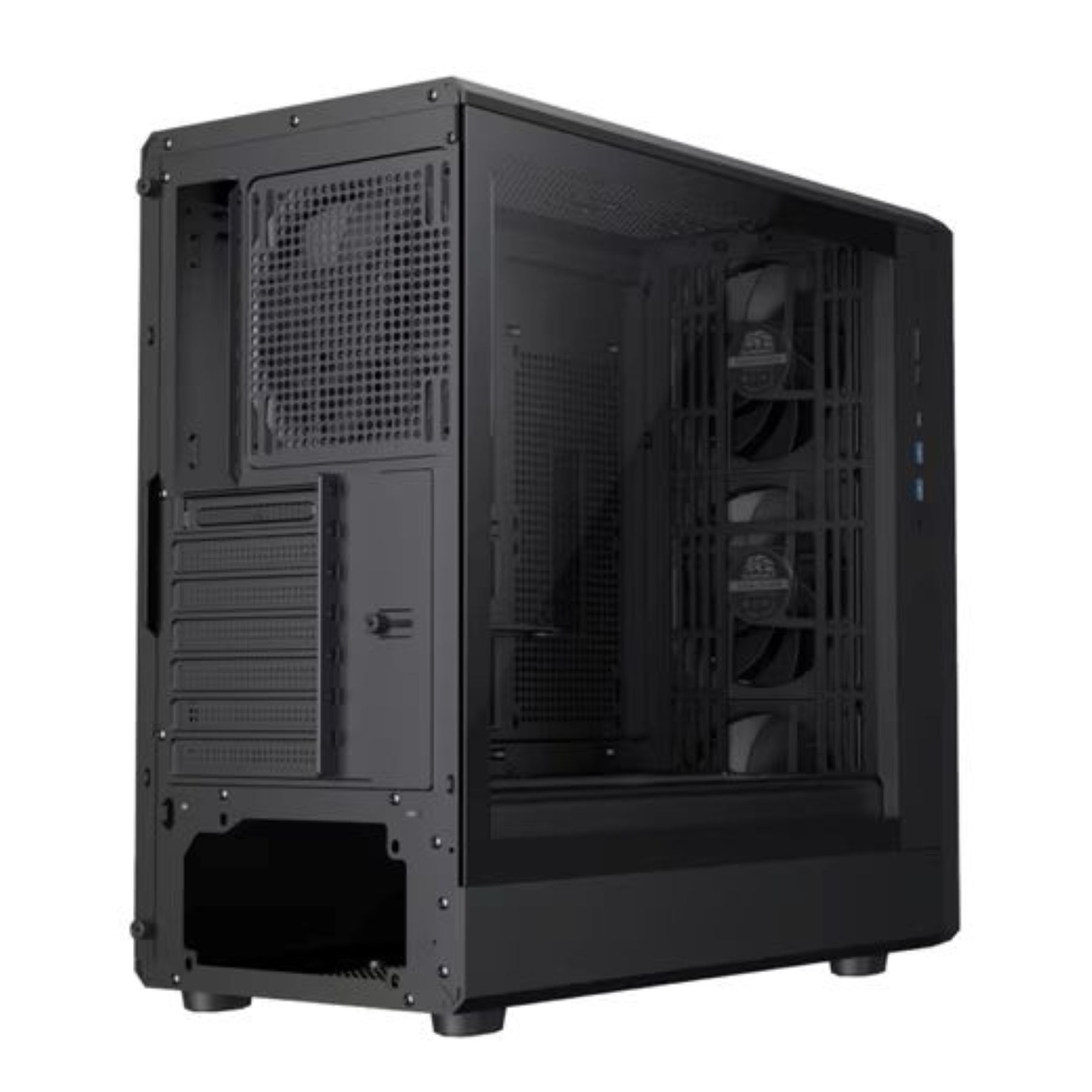 Ein schwarzes Computer Tower Gehäuse mit Glasseitenteil und Lüftern.