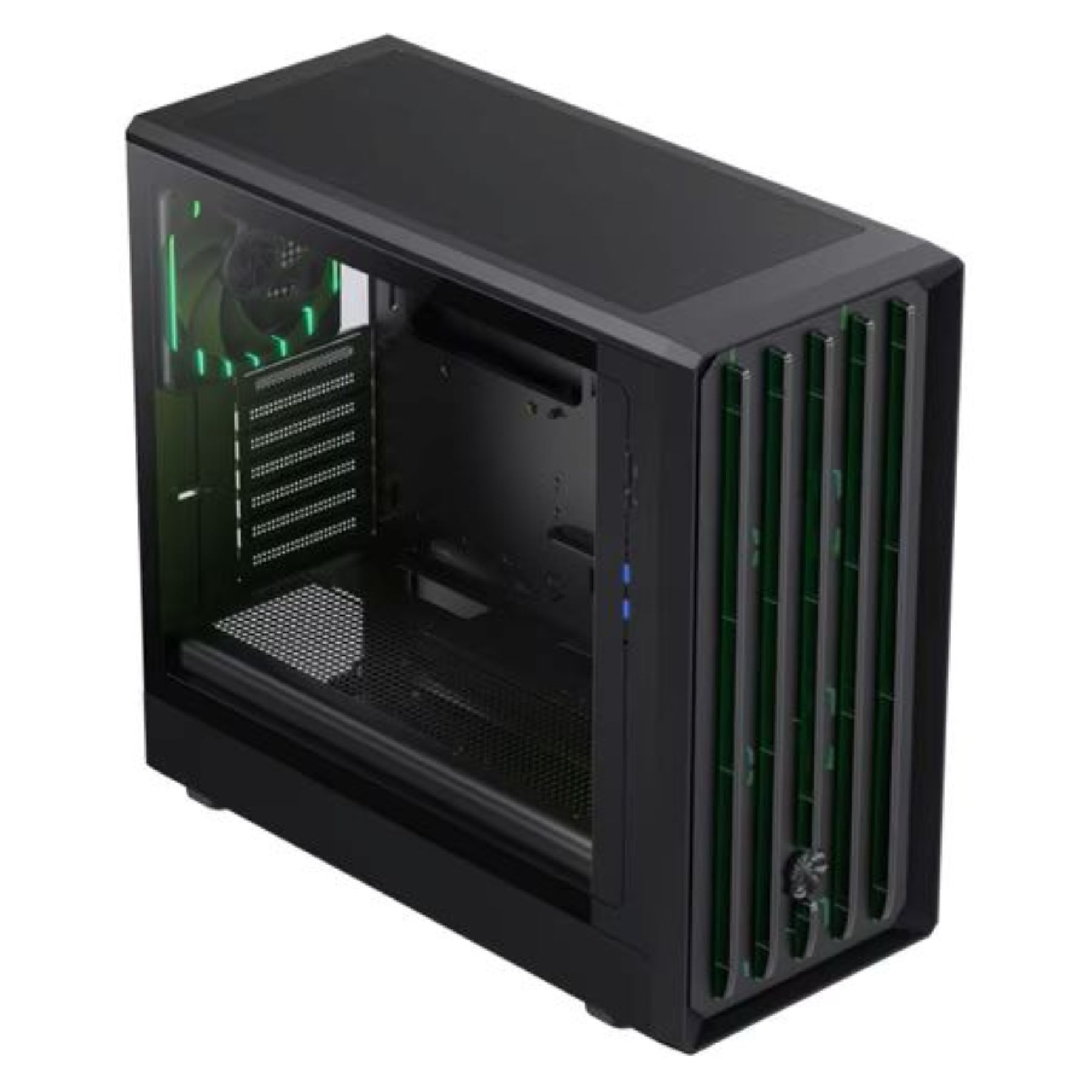 Schwarzes PC-Gehäuse mit Glasfenster und grüner LED-Beleuchtung.