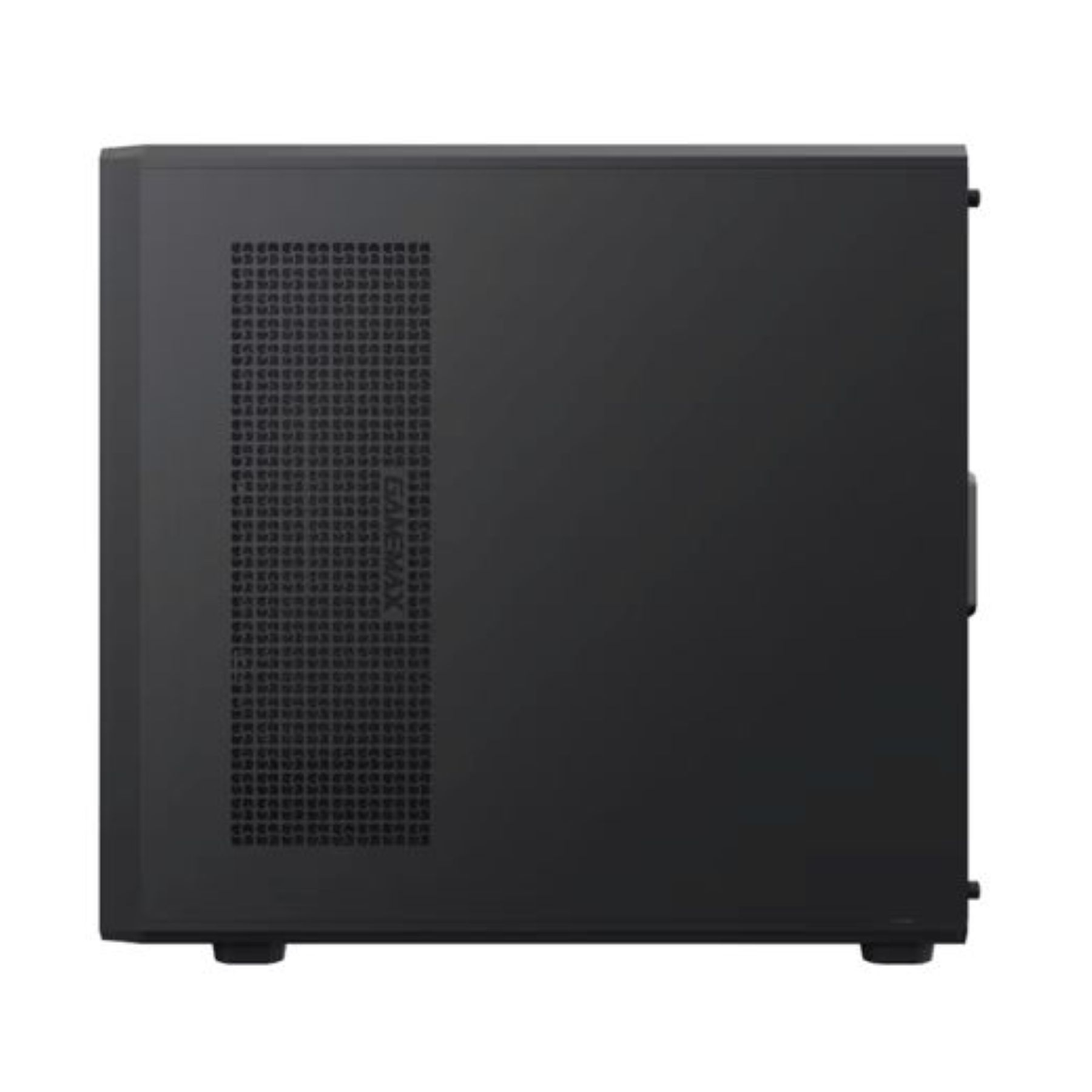 Schwarzes Computergehäuse mit Lüftungsgitter und "GAMEMAX"-Logo auf der linken Seite.