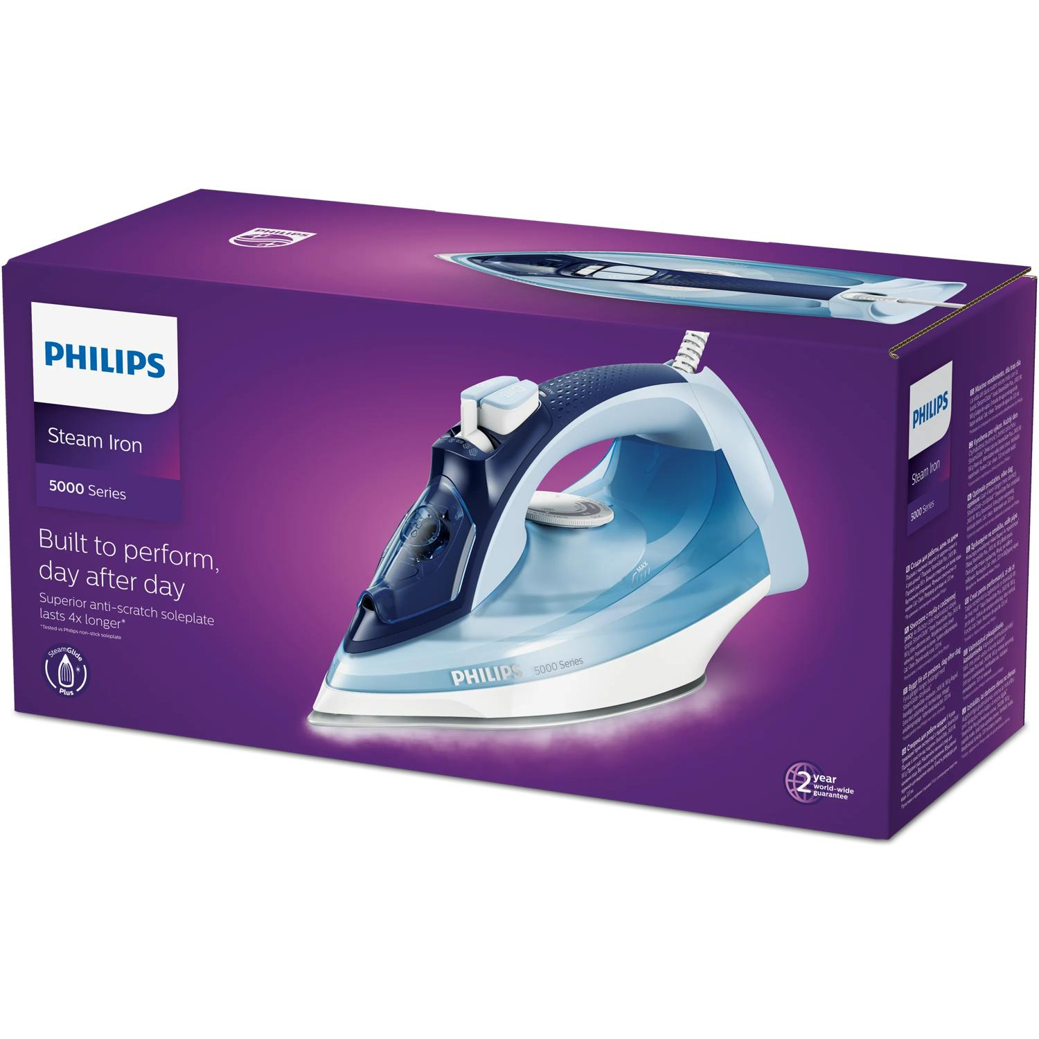 Pudełko niebieskiego żelazka parowego Philips serii 5000 z tekstem.