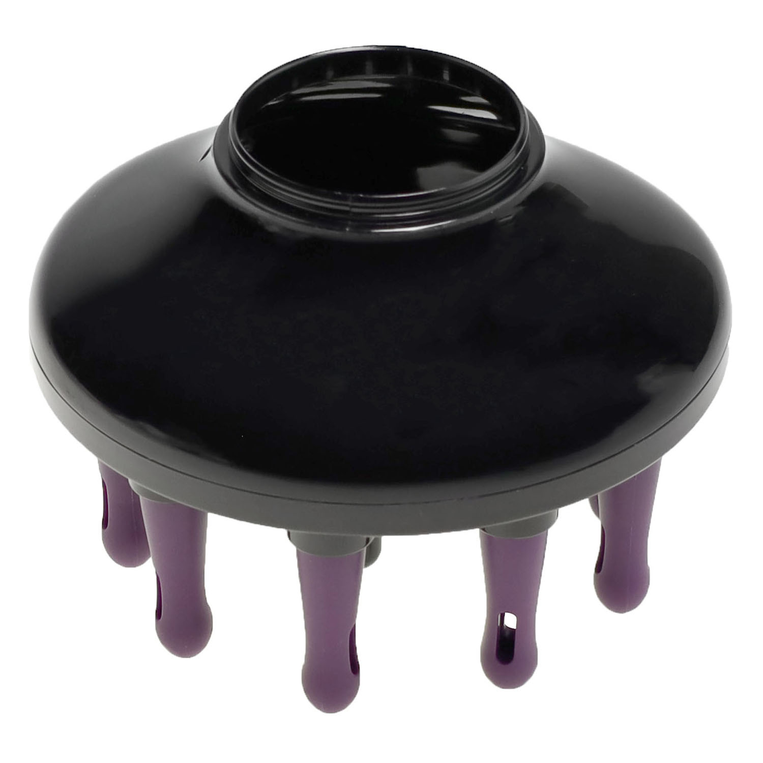 Ein schwarzer Diffusoraufsatz mit violetten Zinken auf weißem Hintergrund.