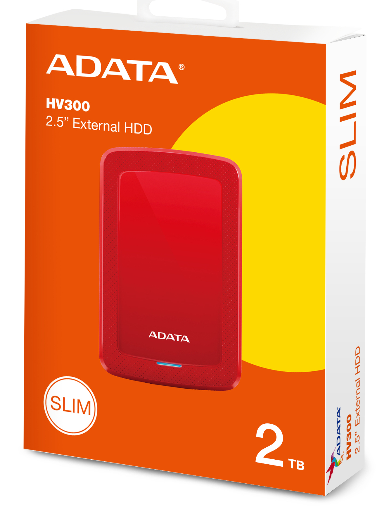 Rote ADATA HV300 2,5-Zoll-Festplatte mit 2 TB Kapazität auf orange-gelbem Hintergrund.