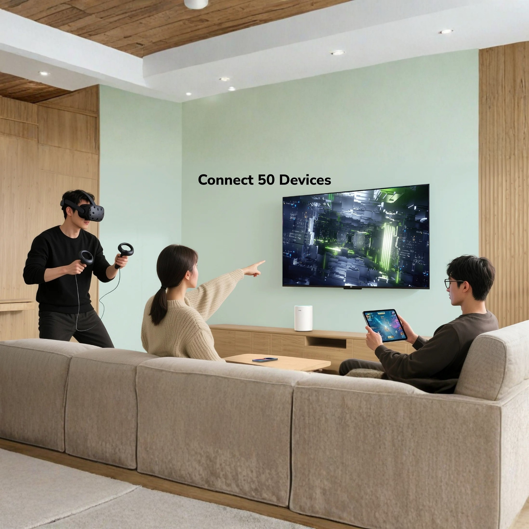 Ein Mann mit VR-Headset, eine Frau zeigt, ein Mann mit Tablet in einem Wohnzimmer.