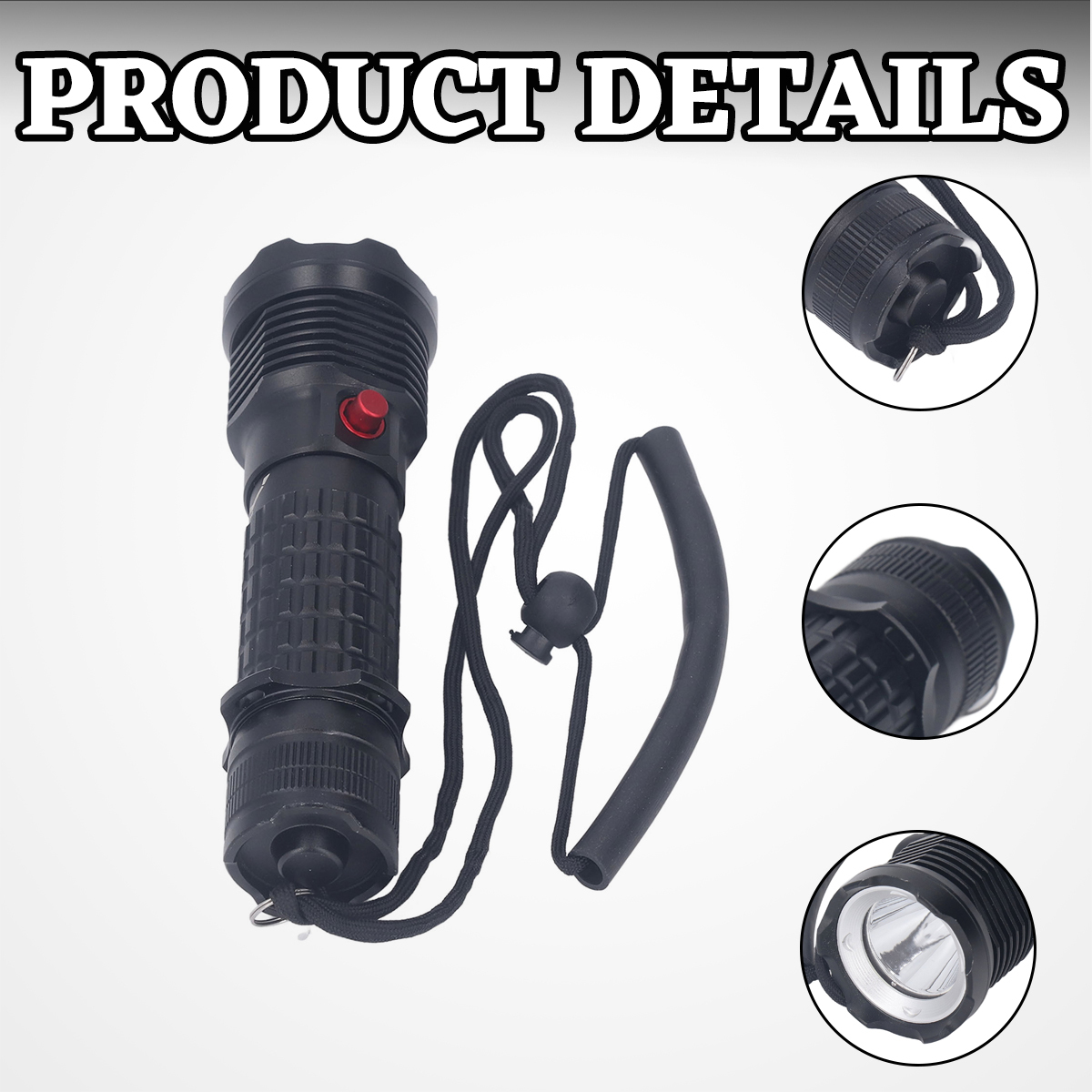Schwarze Taschenlampe mit strukturierter Grifffläche, Lanyard und Detailansichten von Kappe und Linse.
