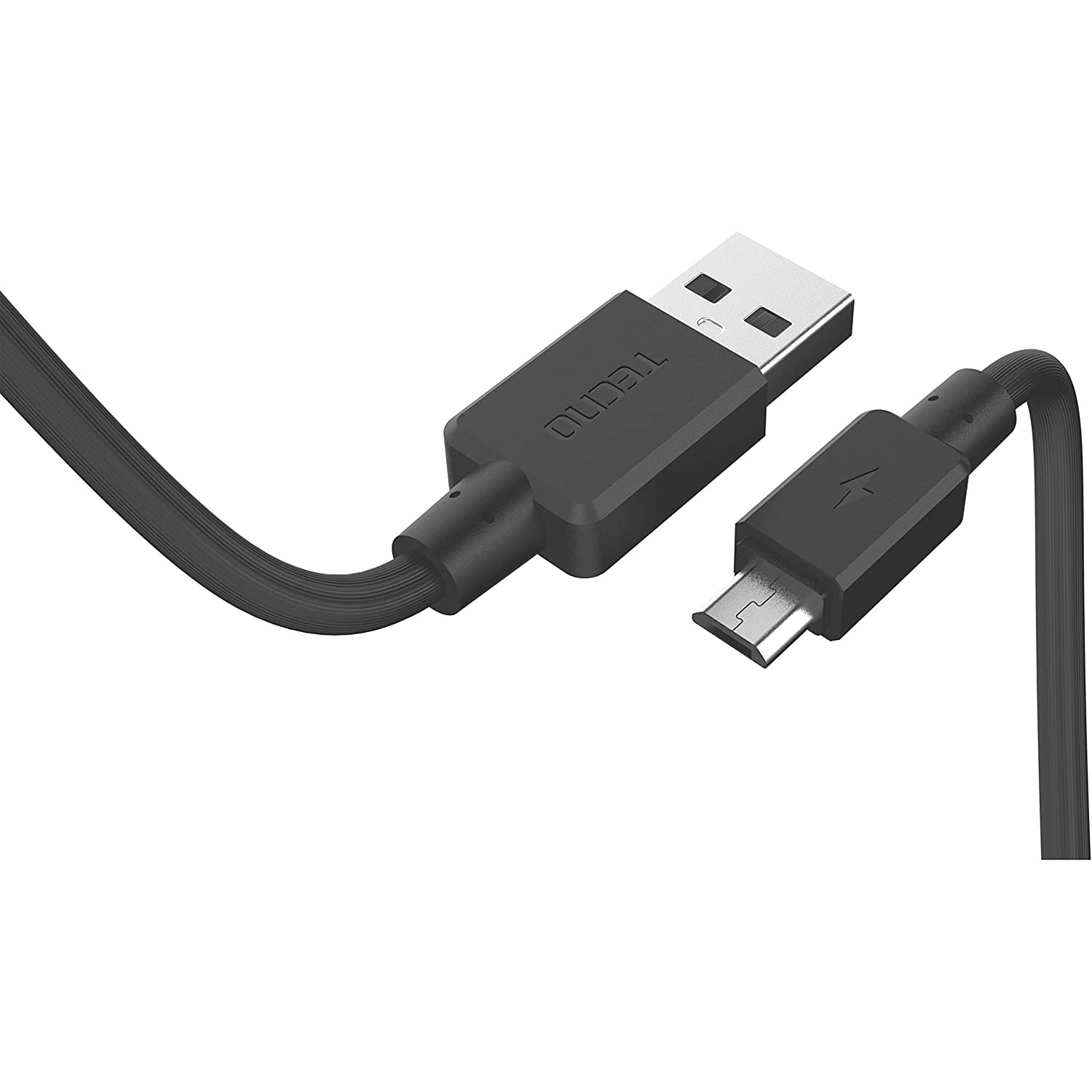 Beyaz arka plan üzerinde TECNO logolu siyah USB - Micro USB kablosu.