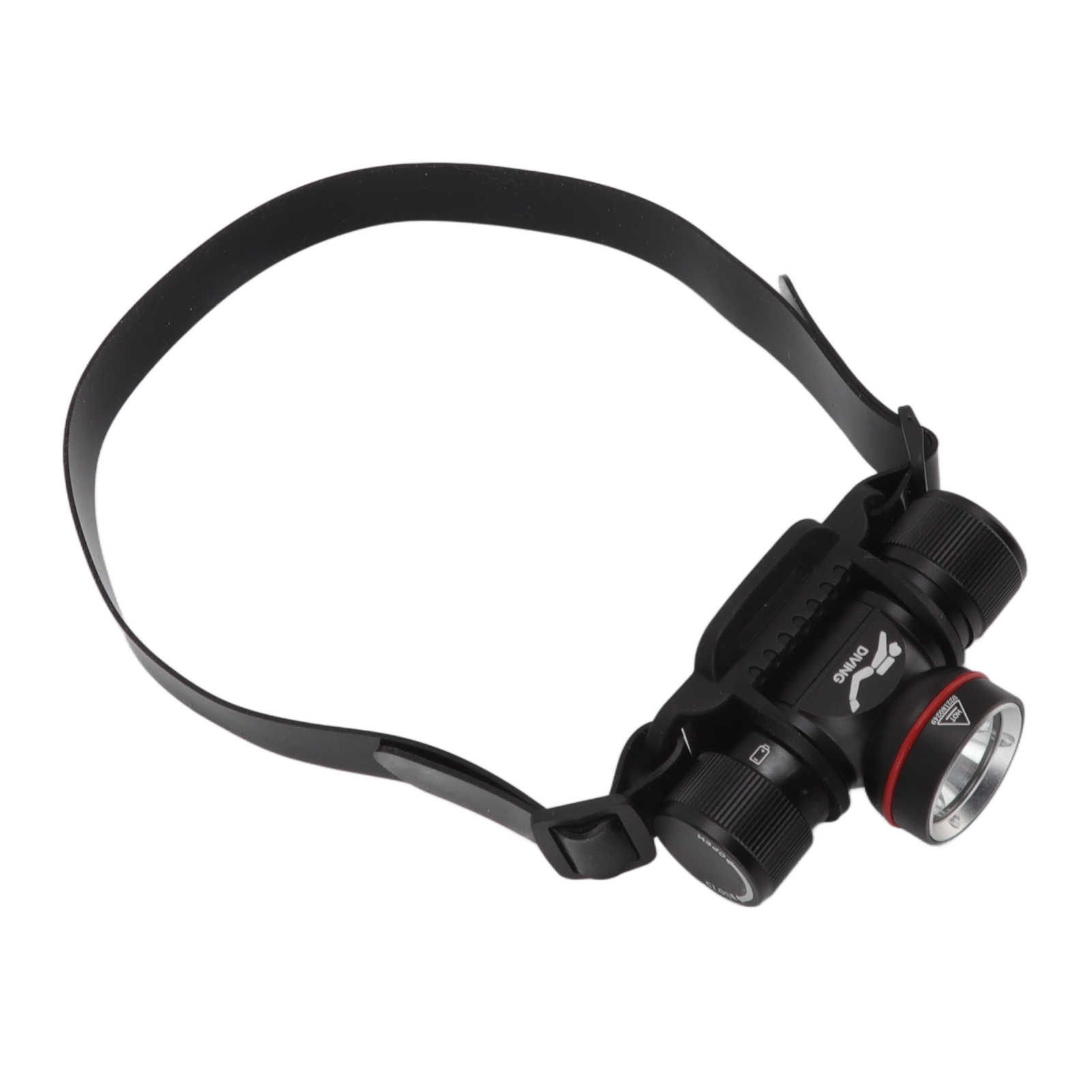 Schwarze Stirnlampe mit verstellbarem Band und zwei Lichtern, auf weißem Hintergrund.