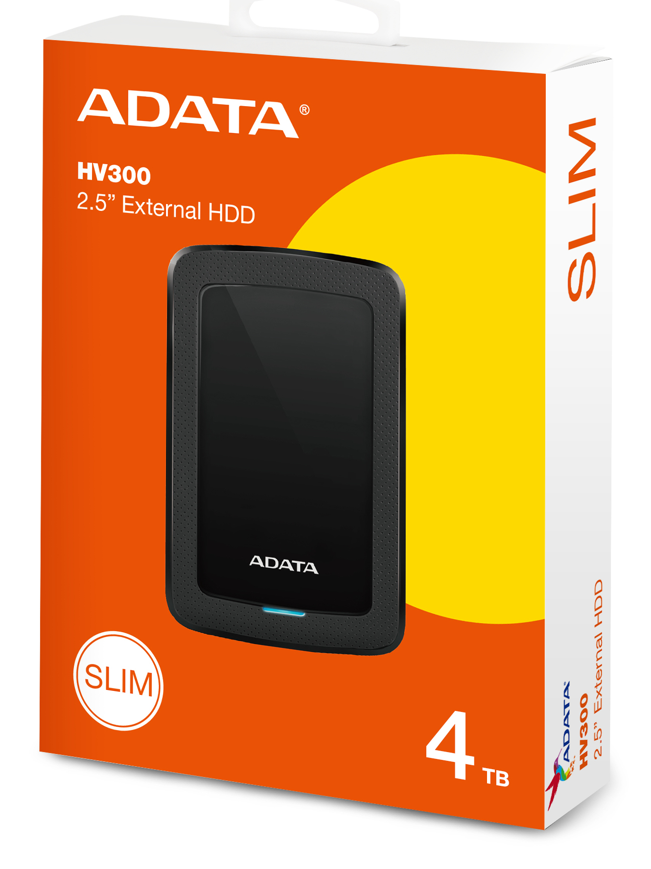 Disco duro externo ADATA HV300 de 2,5", 4 TB. Negro, diseño delgado en embalaje naranja con círculo.
