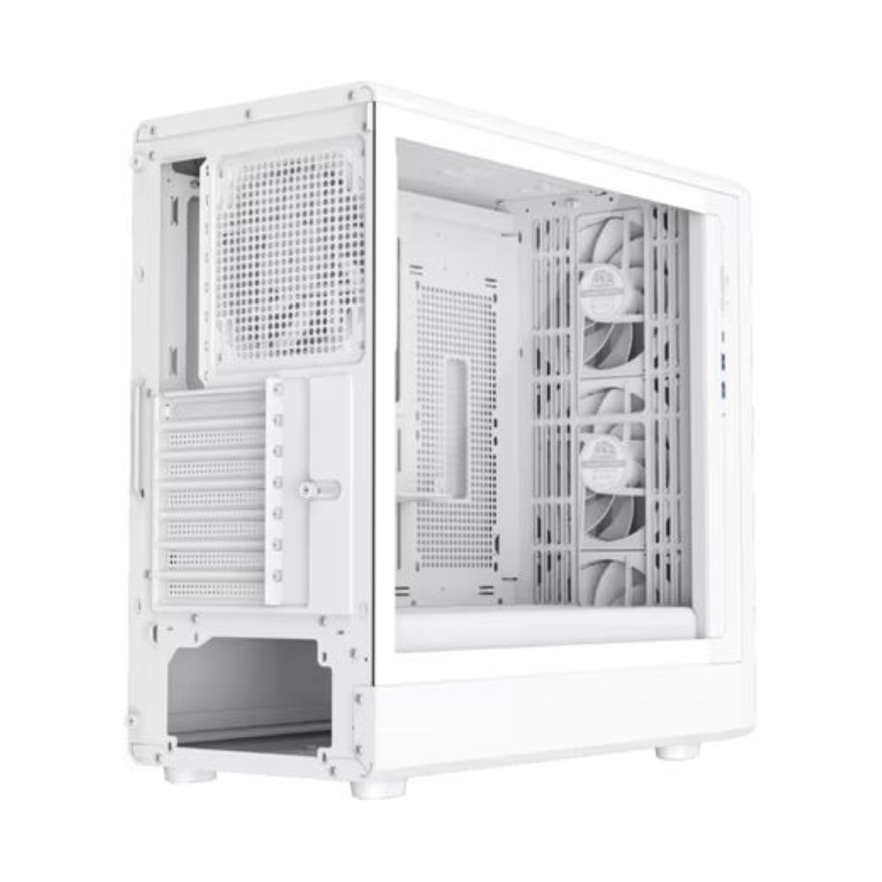 Ein weißes Computergehäuse mit Lüftern und geöffneter Seitenwand.