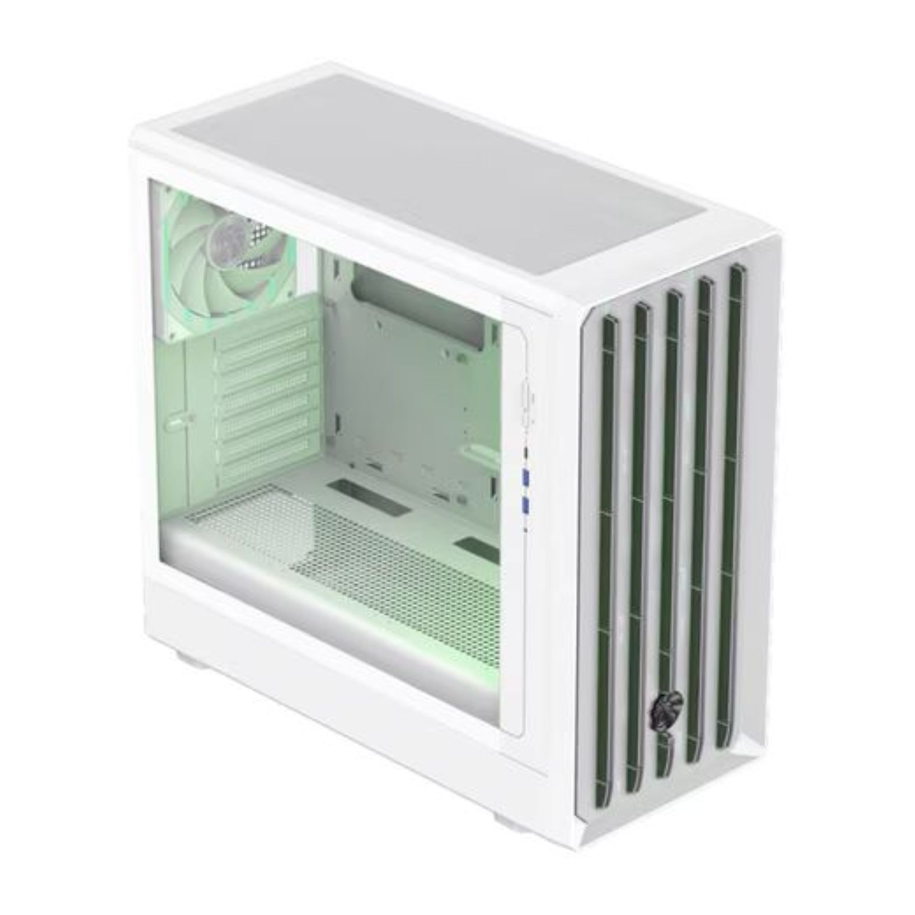Ein weißes Computergehäuse mit Glasseitenteil, grüner Innenbeleuchtung und Lüfter.