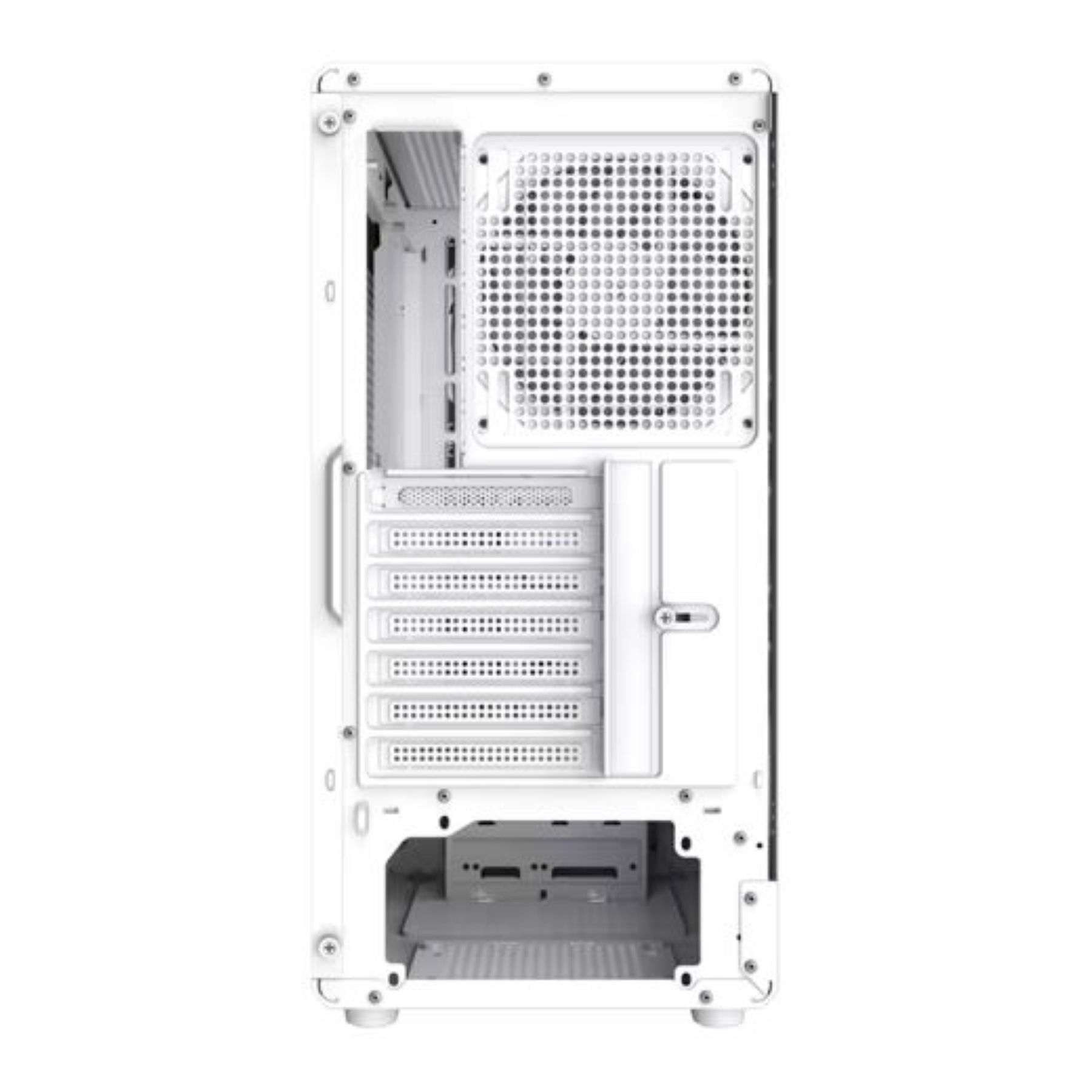 Rückseite eines weißen Computergehäuses mit Lüftergitter und Erweiterungssteckplätzen.