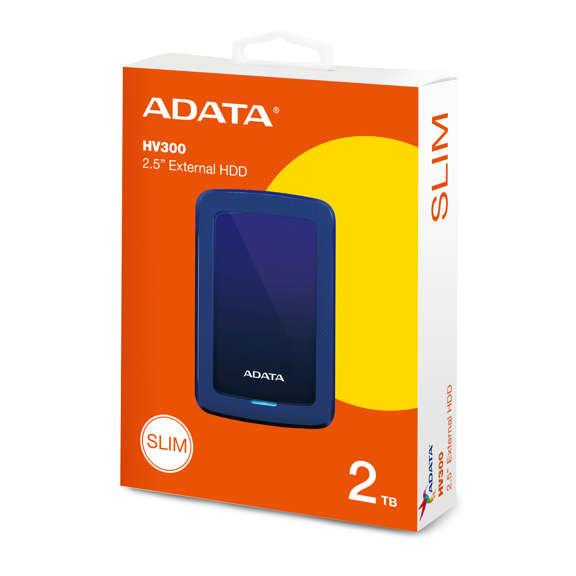 Pudełko niebieskiego zewnętrznego dysku twardego ADATA 2TB 2,5 cala z żółto-pomarańczowym wzorem.