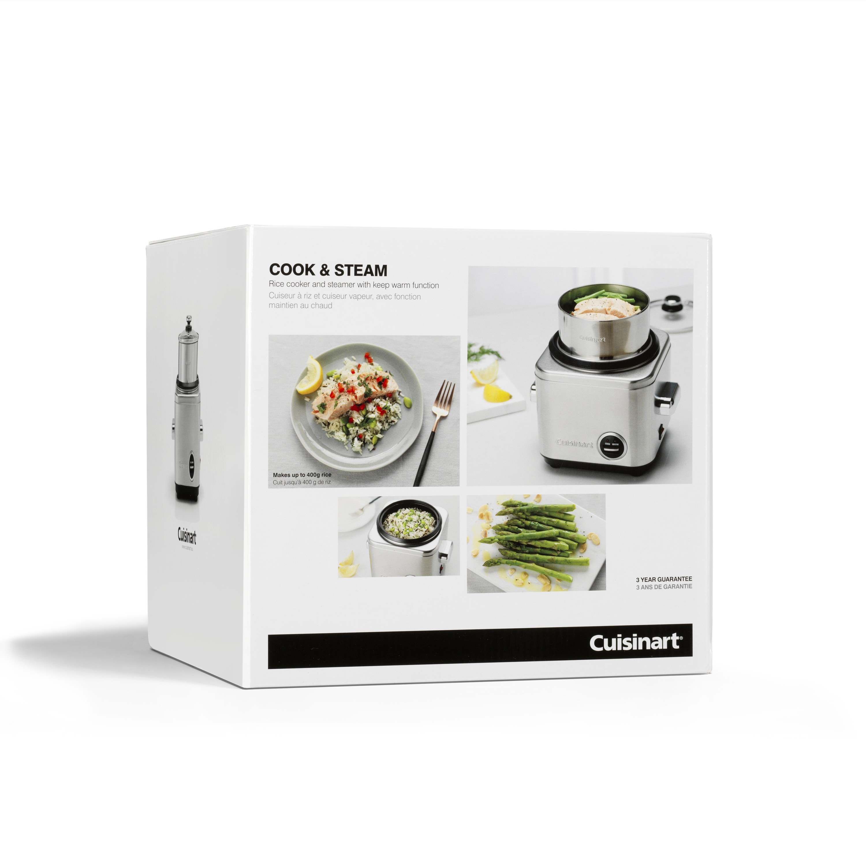 Verpackung eines Cuisinart Reiskochers und Dampfgarers mit Warmhaltefunktion.
