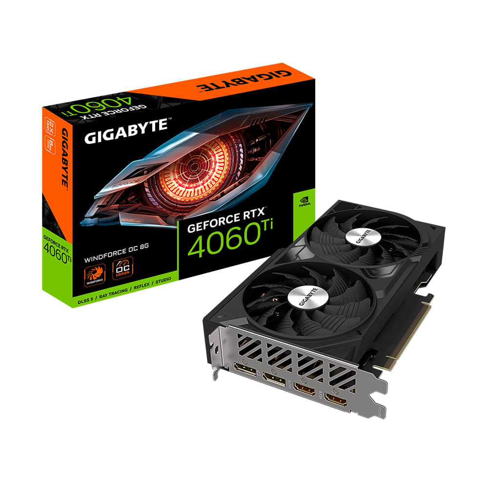 Scheda grafica Gigabyte RTX 4060 Ti e scatola con ventole su sfondo bianco.