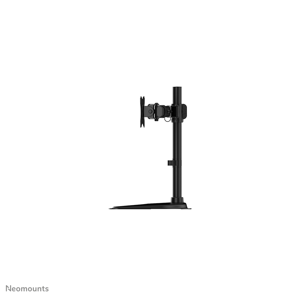A black monitor stand with a flat base and adjustable arm is shown against a white background.