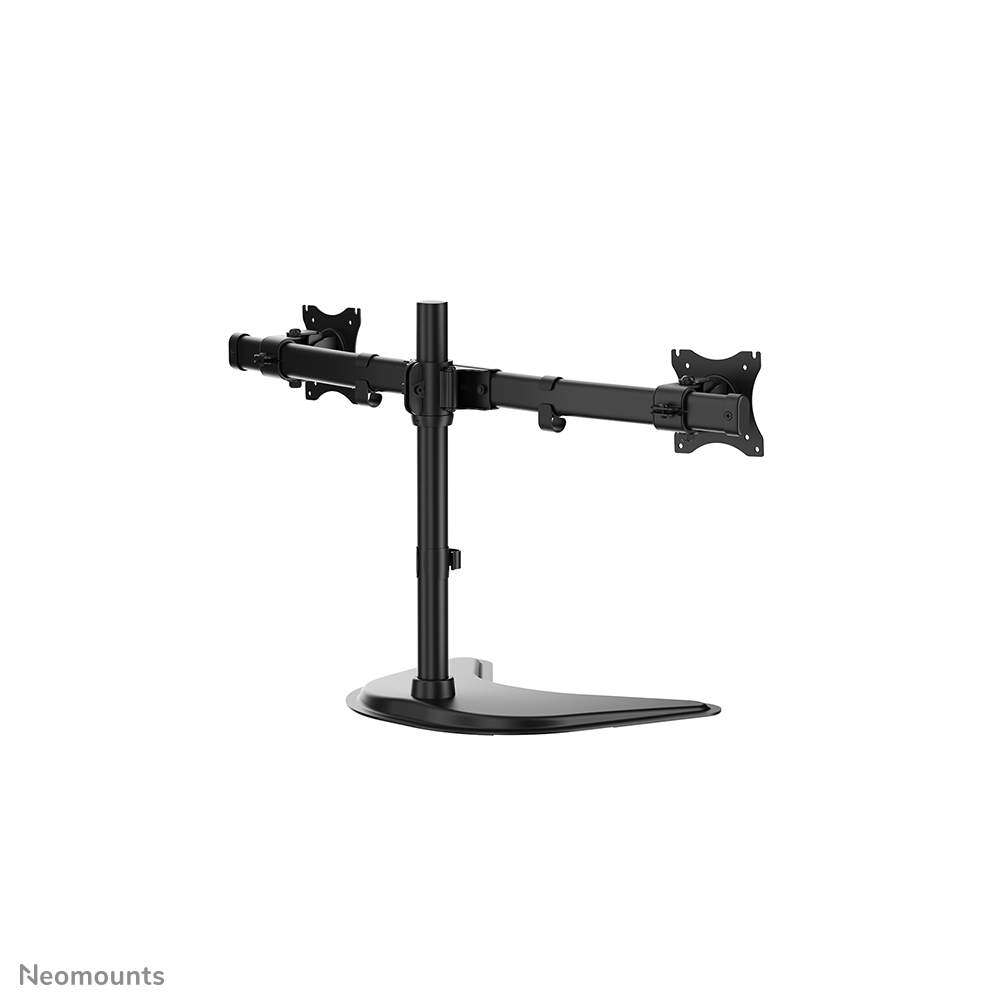 A black dual monitor stand with adjustable arms on a stable base.