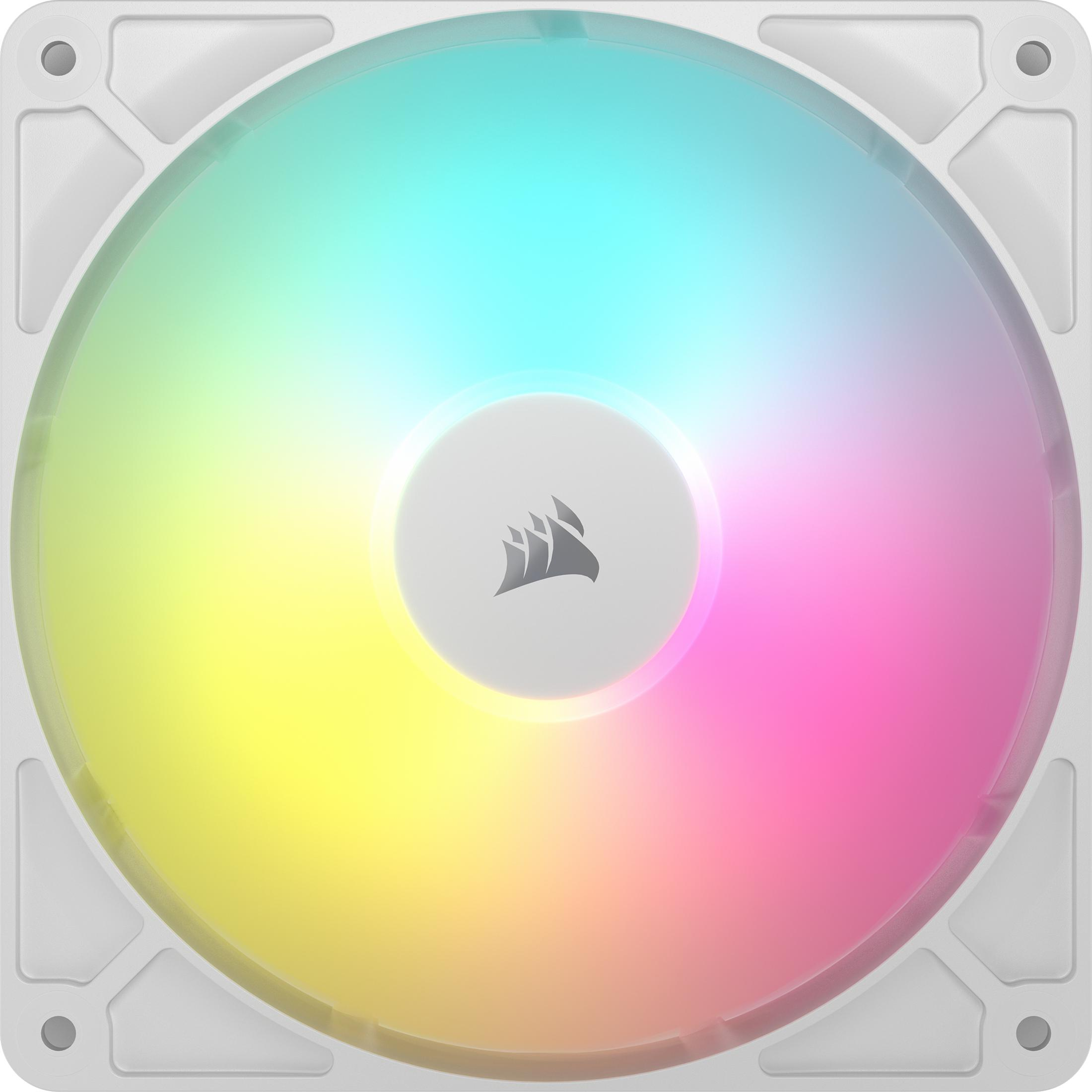Ventilateur PC blanc avec éclairage RVB passant du vert au rose.