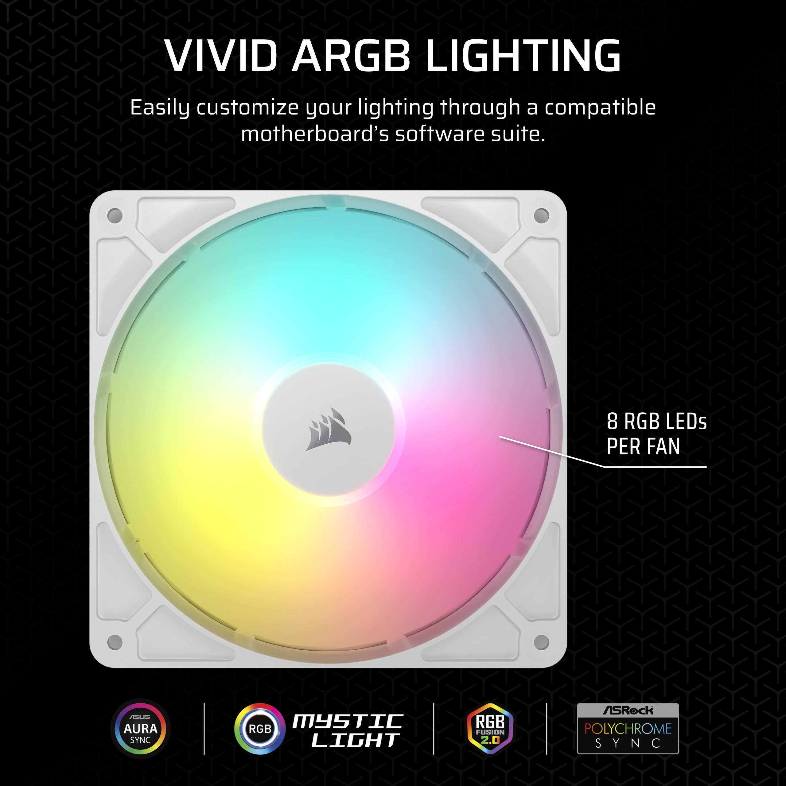 Un ventilateur PC blanc avec éclairage RVB jaune, turquoise et rose. 8 LED RVB par ventilateur.
