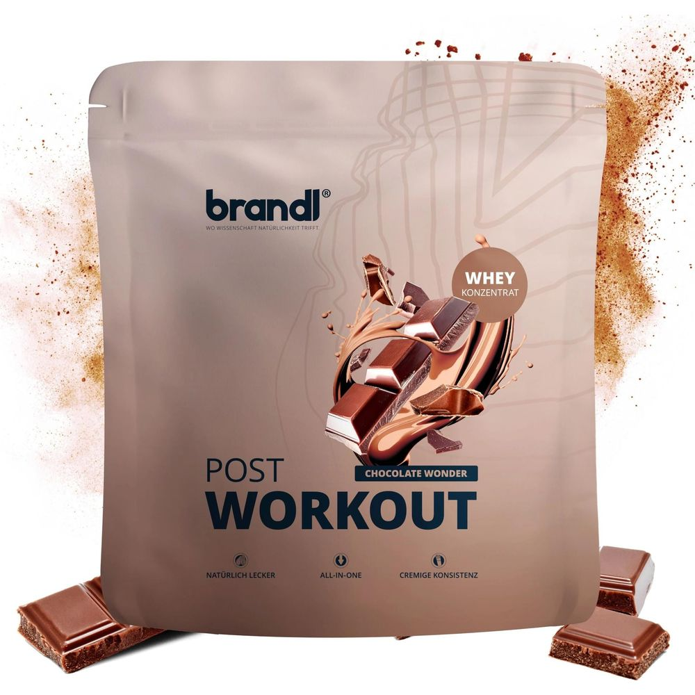 Pochette marron avec morceaux de chocolat, inscription "Post Workout" et "Whey Konzentrat".