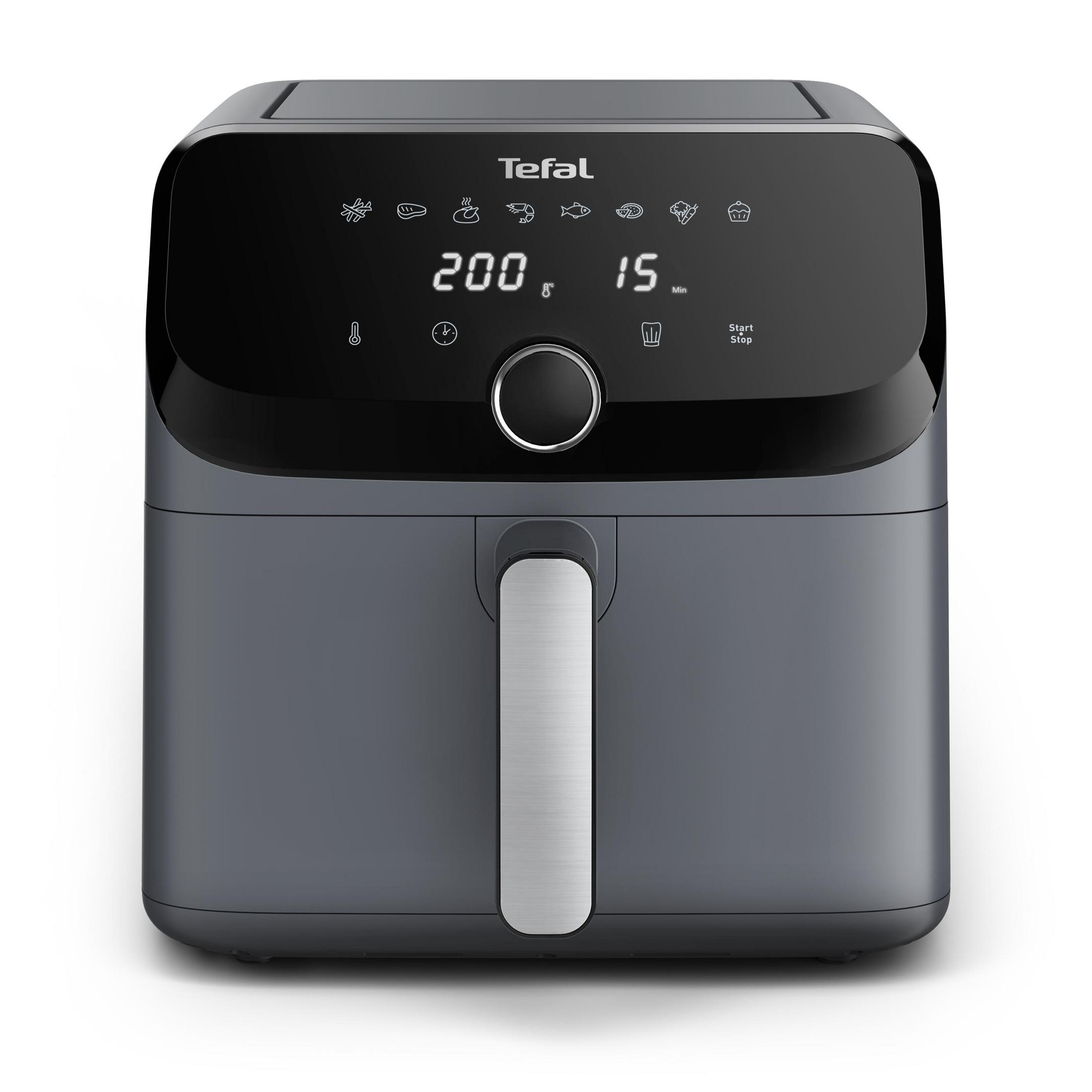 Graue Tefal Heißluftfritteuse mit digitalem Display, das 200°C und 15 Min anzeigt.