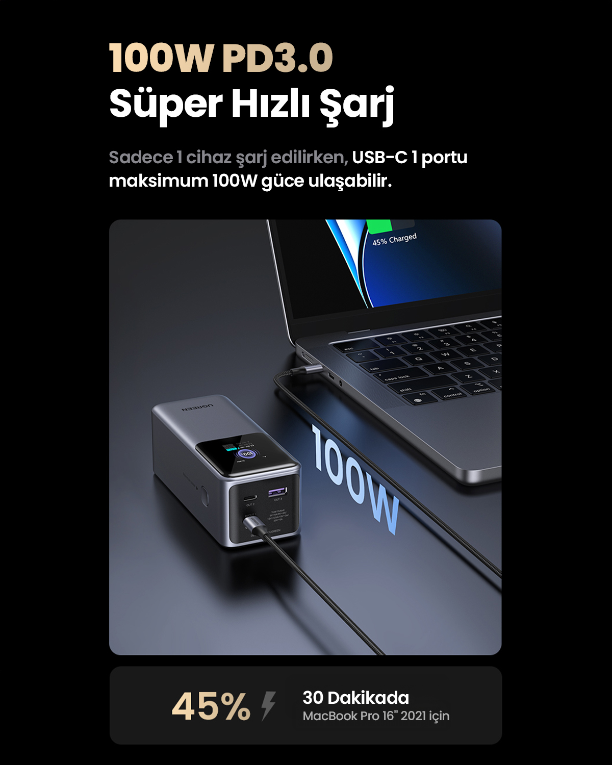 Srebrna ładowarka zasila laptopa. Szybkie ładowanie 100W PD 3.0.