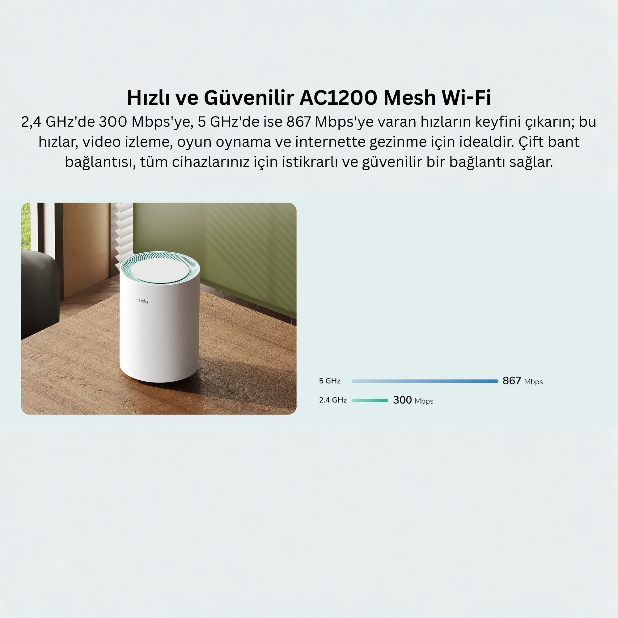 Ein weißer Mesh-WLAN-Router steht auf einem Holztisch. Links daneben ein dunkler Sessel.