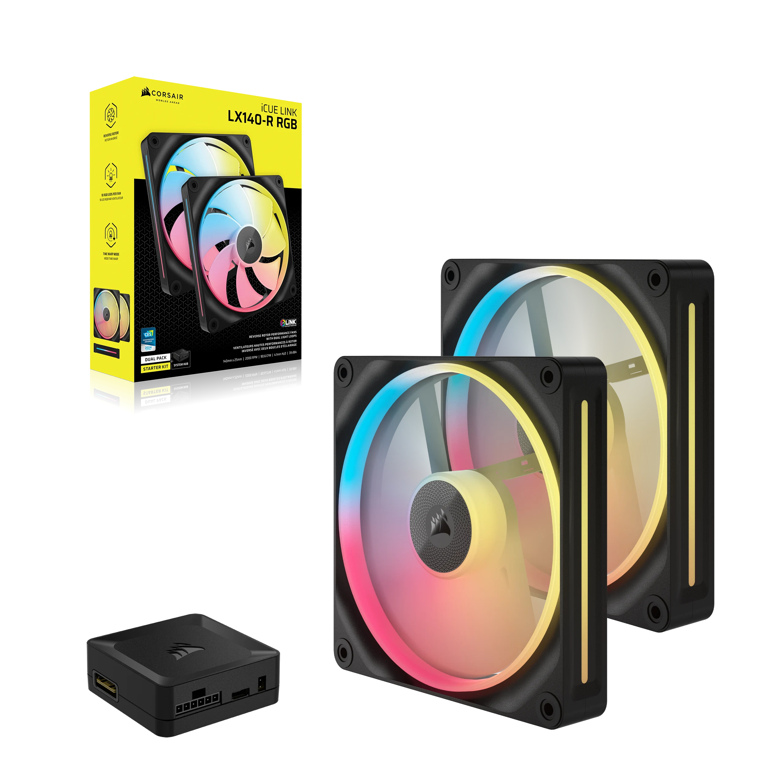 Deux ventilateurs Corsair RVB et un hub sur fond blanc.
