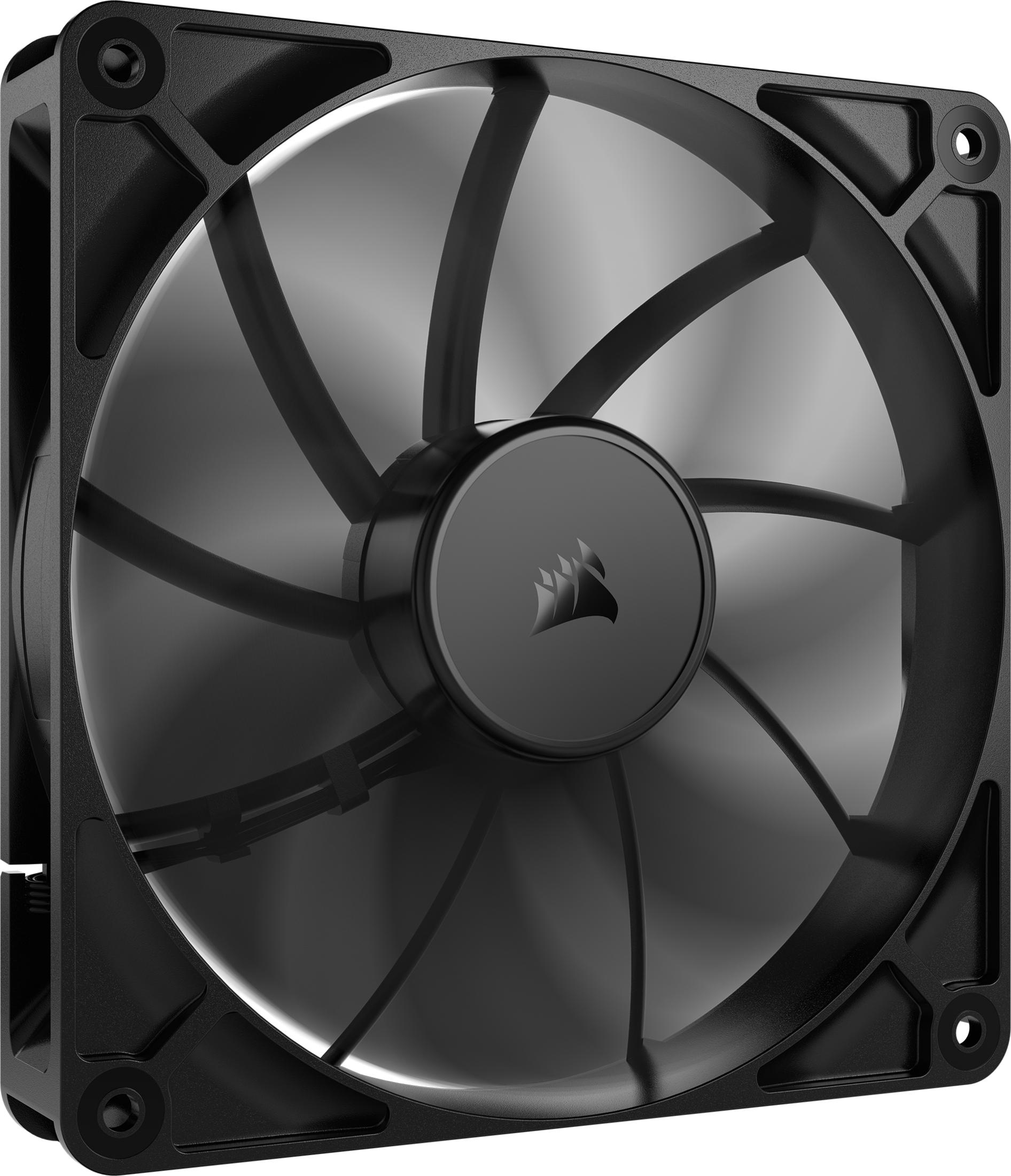 Un ventilateur PC noir avec des pales sombres translucides et un logo au centre.