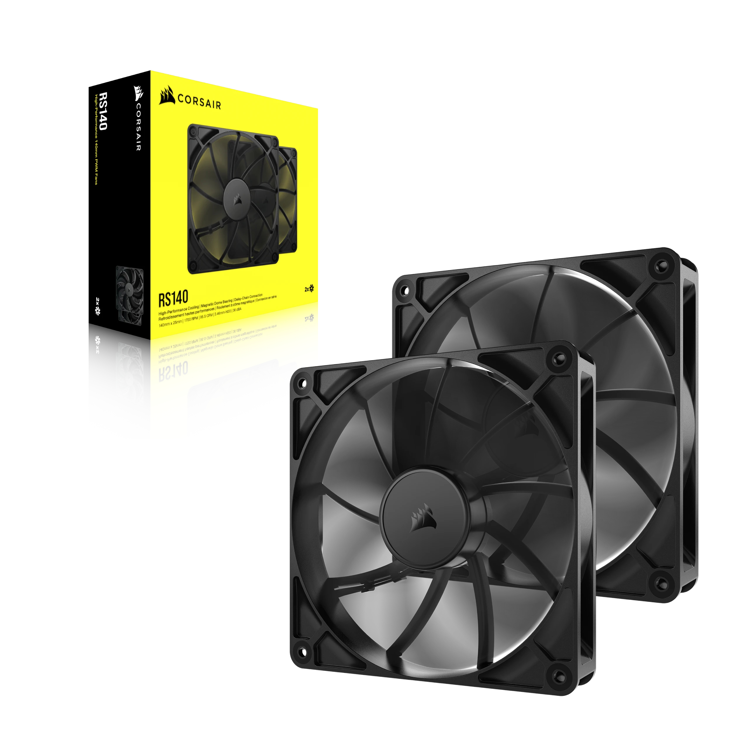 Deux ventilateurs noirs Corsair RS140 et un emballage jaune et noir.