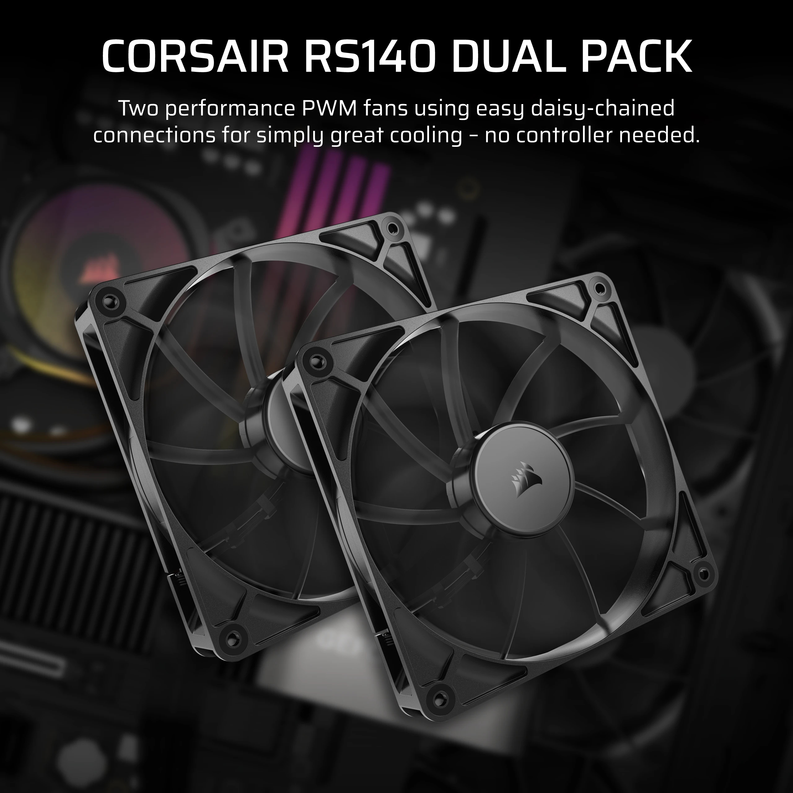 Deux ventilateurs Corsair PWM noirs, présentés en gros plan.