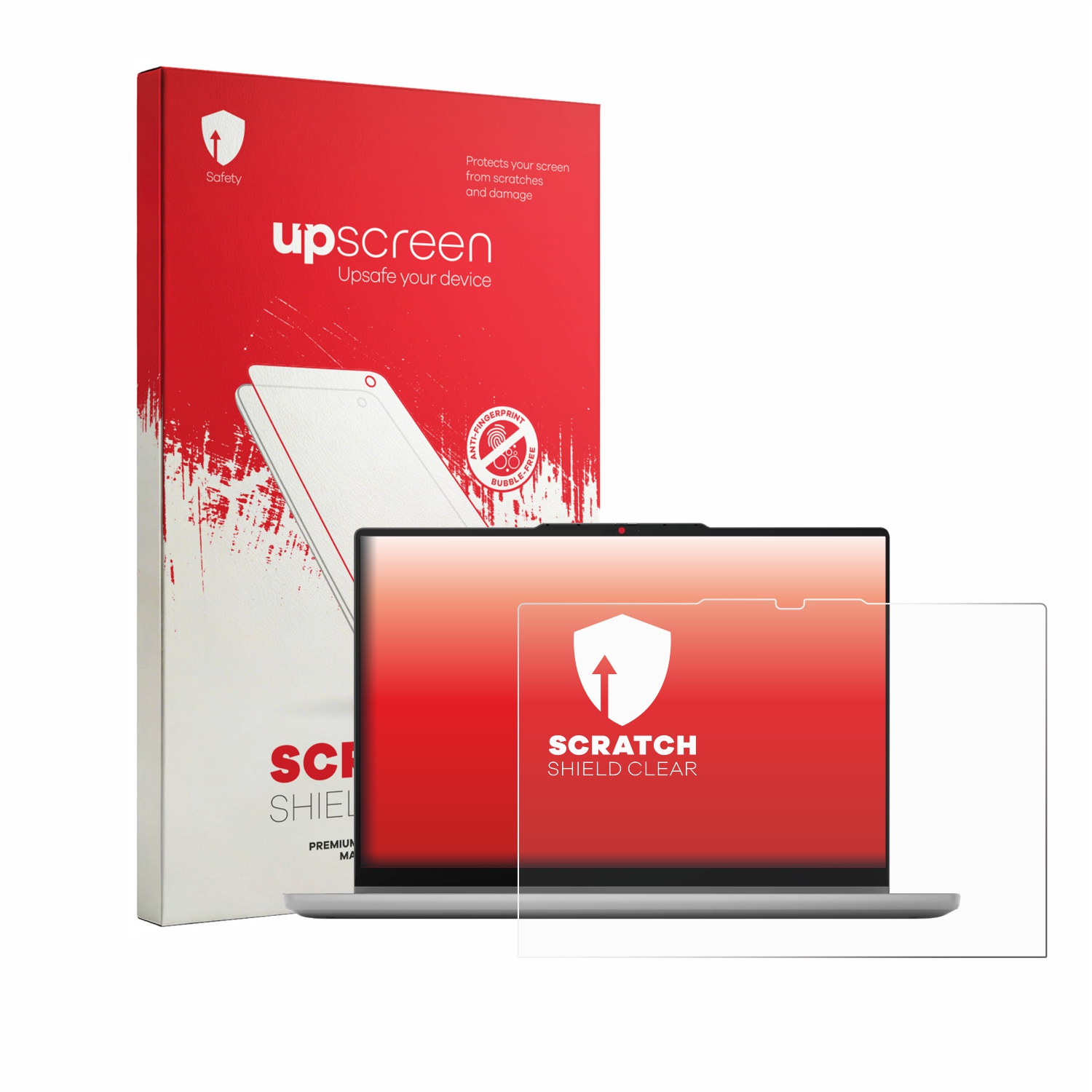 Ein Laptop-Displayschutz mit Verpackung. "upscreen" und "SCRATCH SHIELD CLEAR" sind aufgedruckt.