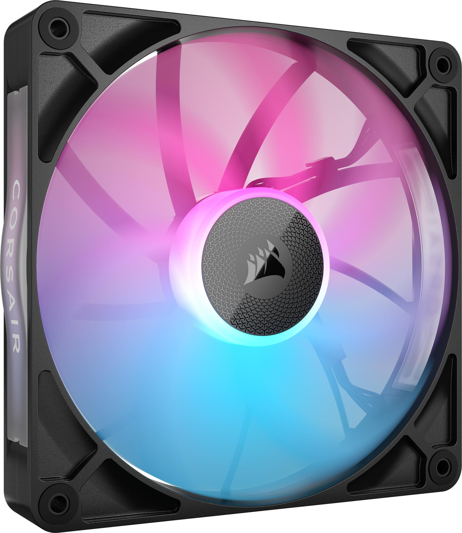 Ventilateur noir avec éclairage RVB rose et bleu, logo Corsair.