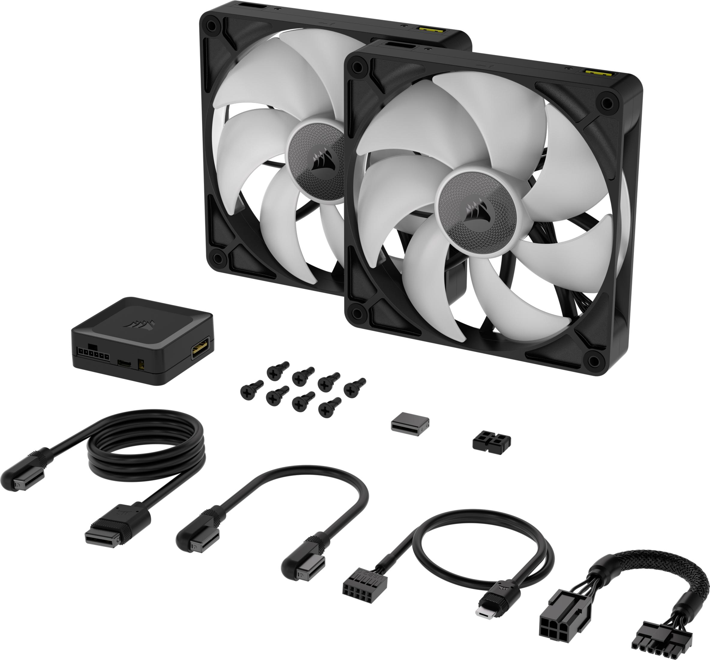 Deux ventilateurs PC blancs à cadre noir, contrôleur, câbles et vis.