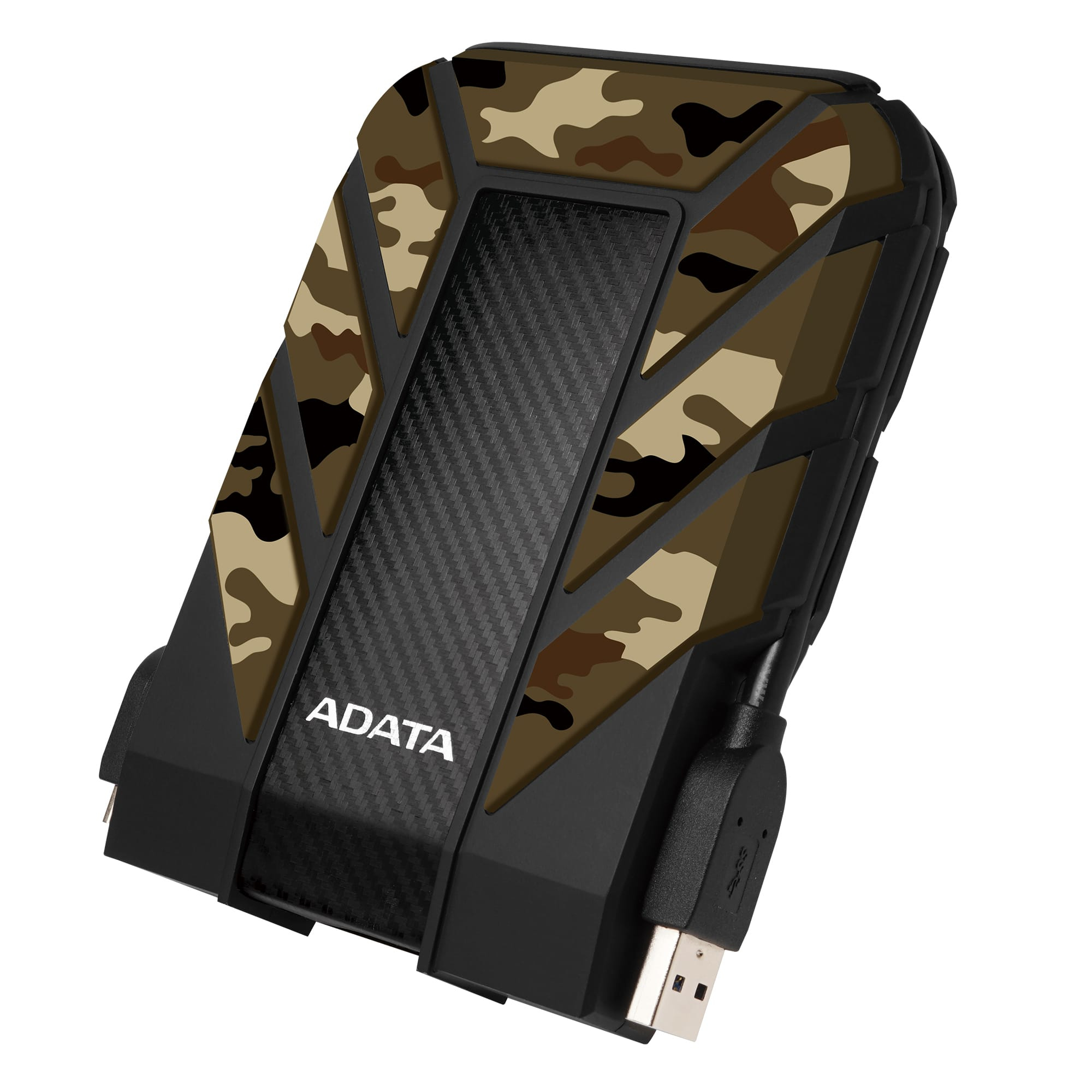 Hard disk esterno nero con motivo mimetico e cavo USB.