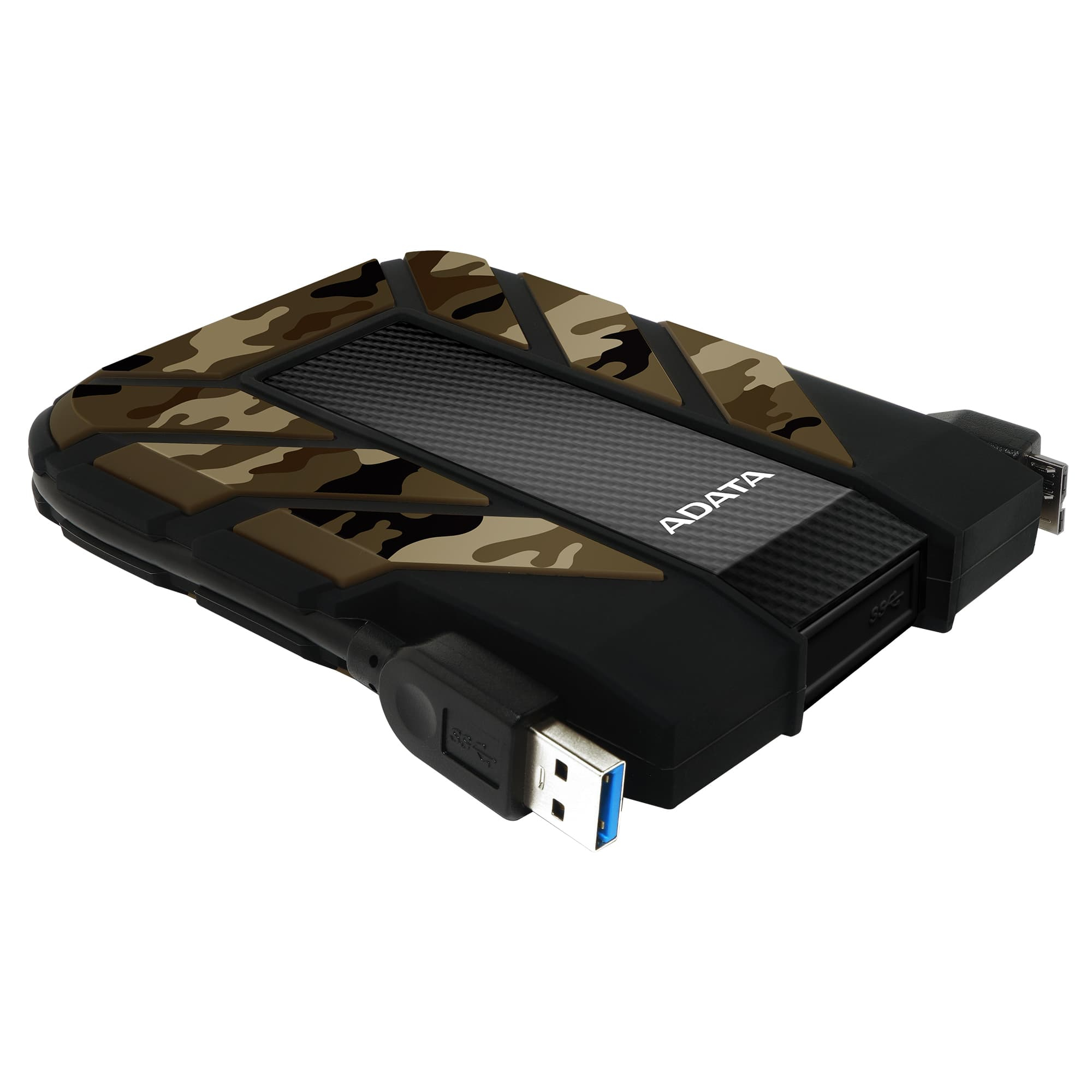 Hard disk esterno nero con motivo mimetico e cavo USB