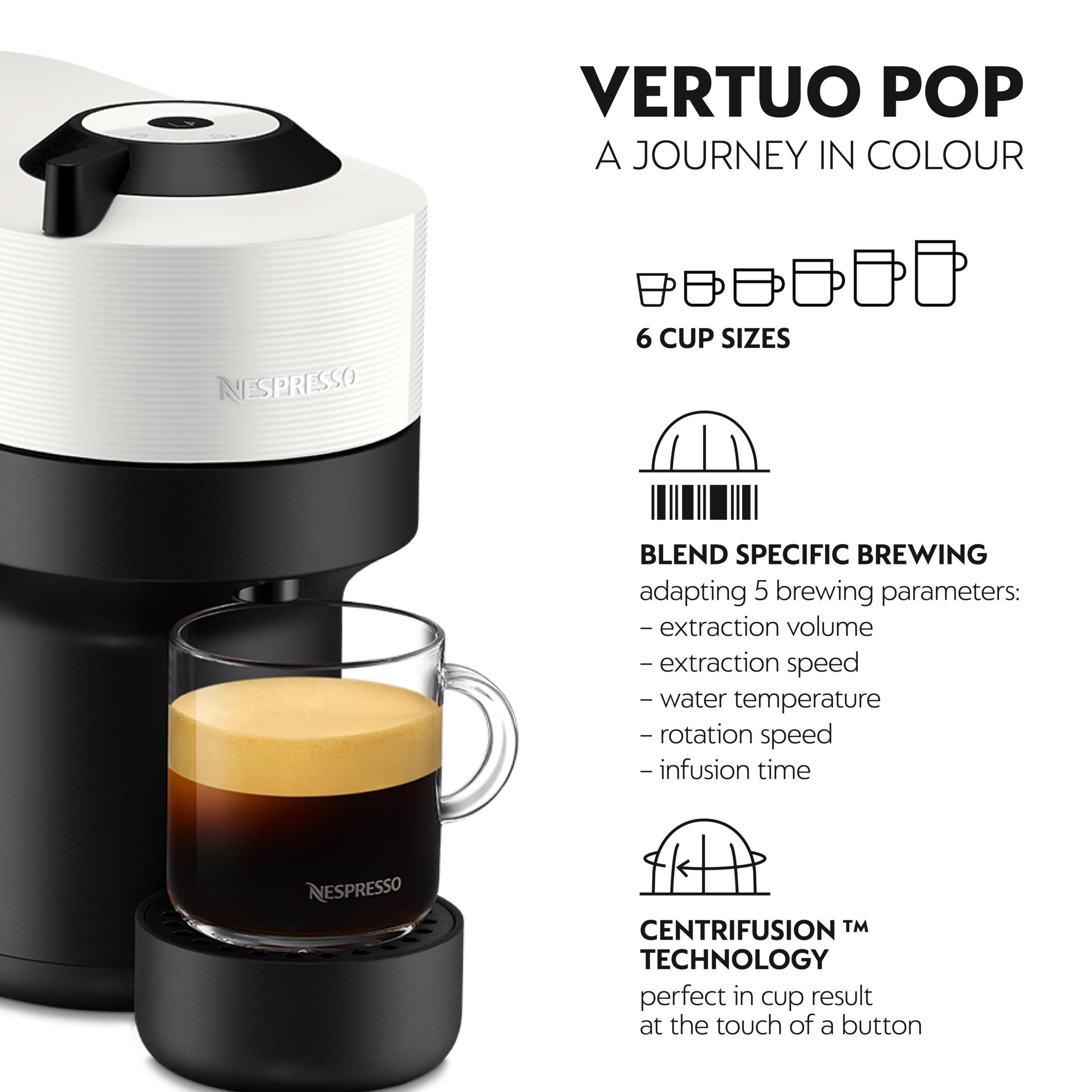 Nespresso Vertuo Pop Kaffeemaschine mit Glas Tasse Kaffee, 6 Tassengrößen.