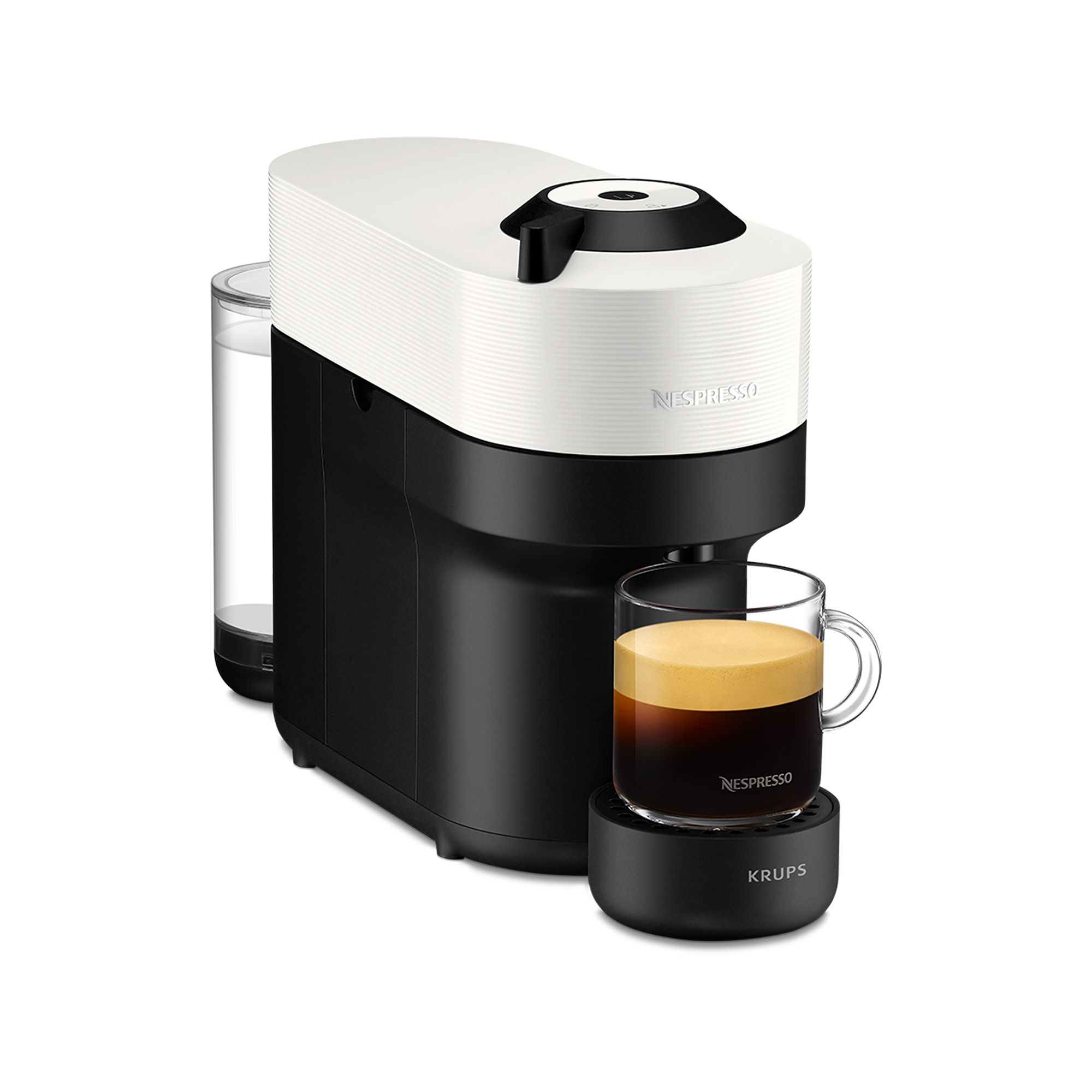 Eine weiße und schwarze Nespresso-Kaffeemaschine mit Wassertank und einer Tasse Kaffee.