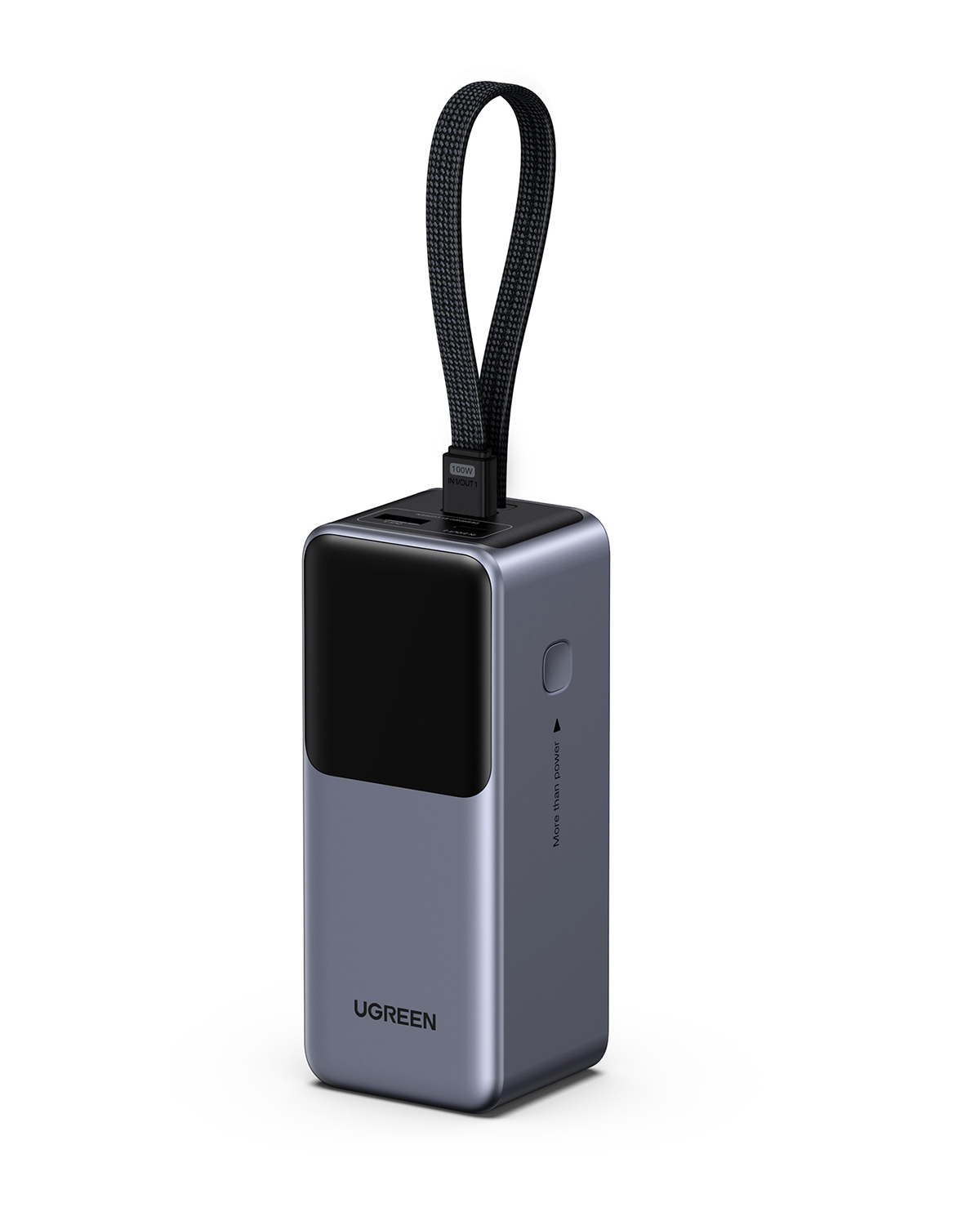 Szary power bank UGREEN z czarnym paskiem i portami na górze. Białe tło.