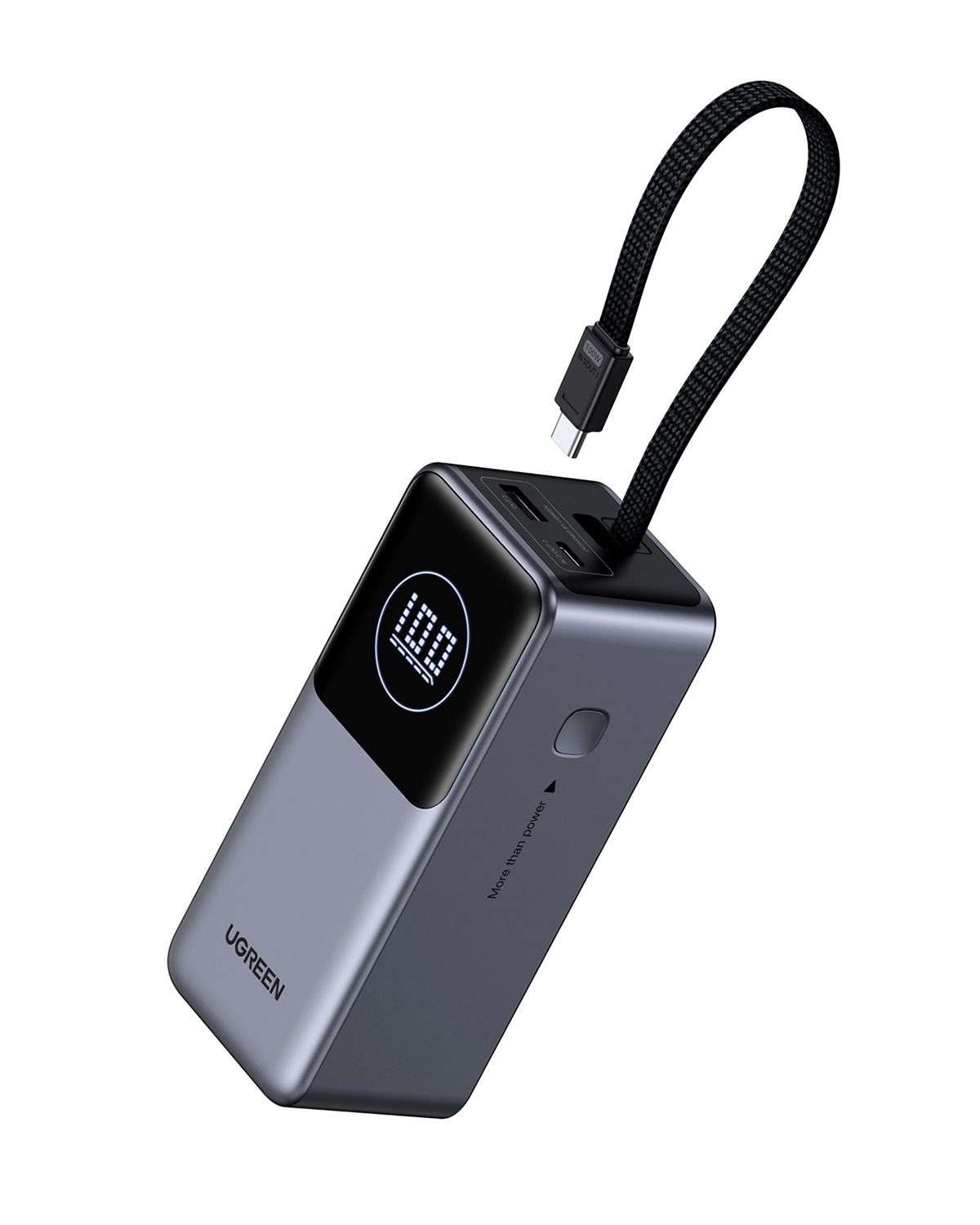 Szara power banka UGREEN z cyfrowym wyświetlaczem 100% i kablem USB-C.