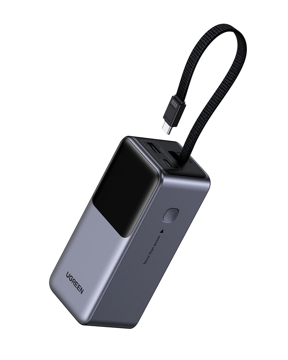 Ciemnoszary power bank UGREEN z czarnym plecionym kablem USB-C.