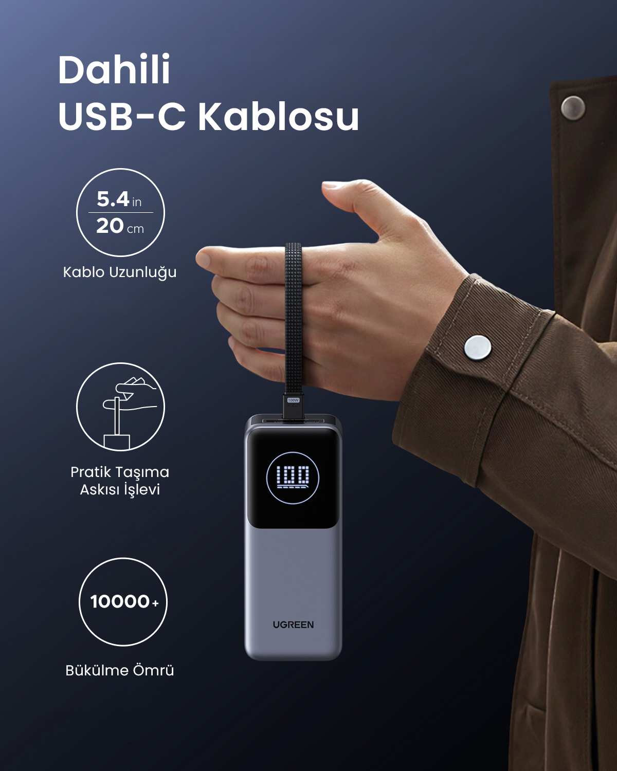 Osoba trzymająca szary power bank UGREEN z wbudowanym kablem USB-C i wyświetlaczem 100W.