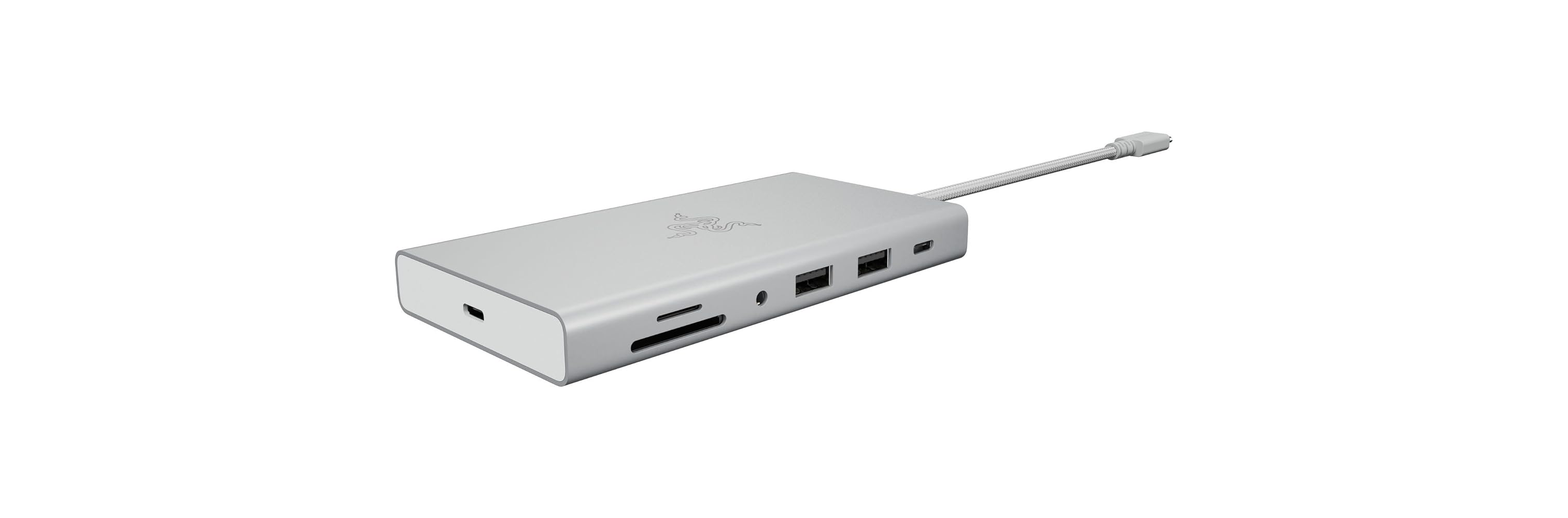 Zilveren USB-C hub met Razer-logo, SD-kaartsleuf, 2 USB-poorten en kabel.
