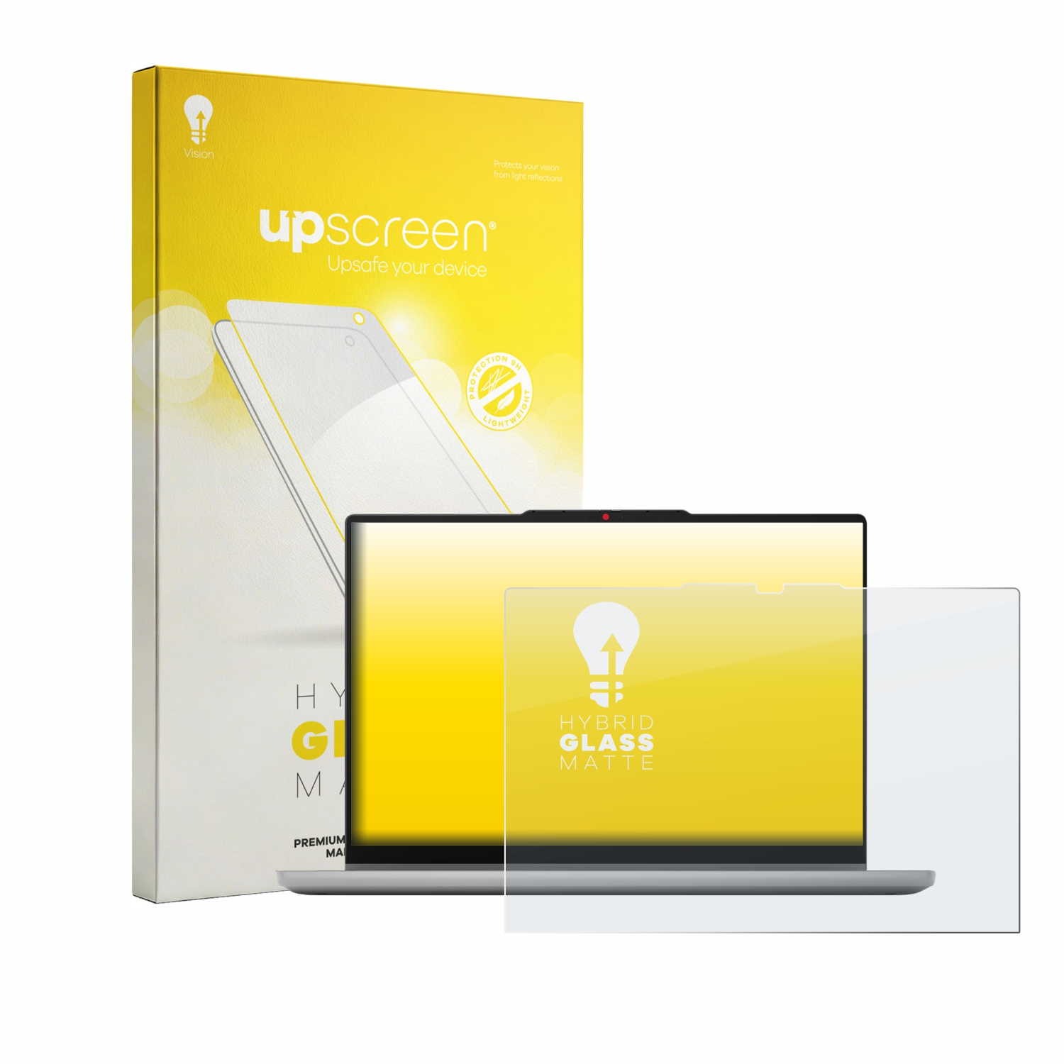 Verpackung und Displayschutzfolie für ein Laptop mit gelbem Hintergrund.