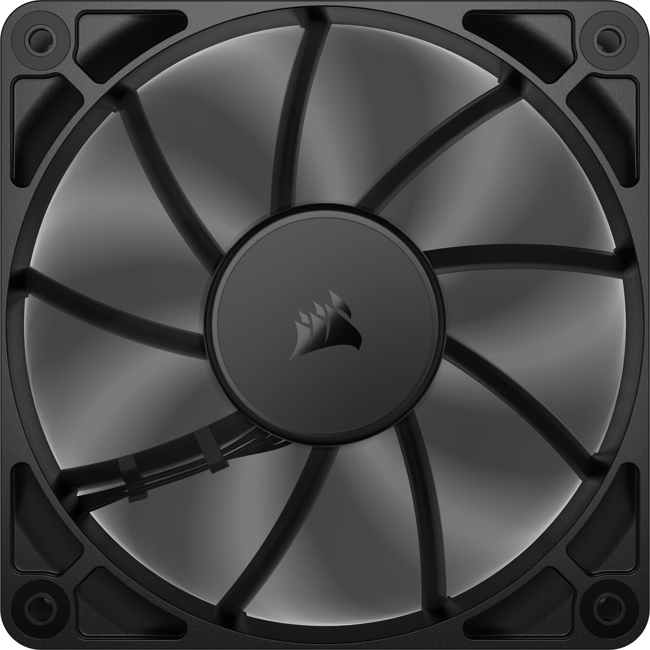 Un ventilateur d'ordinateur noir à neuf pales et un logo central.