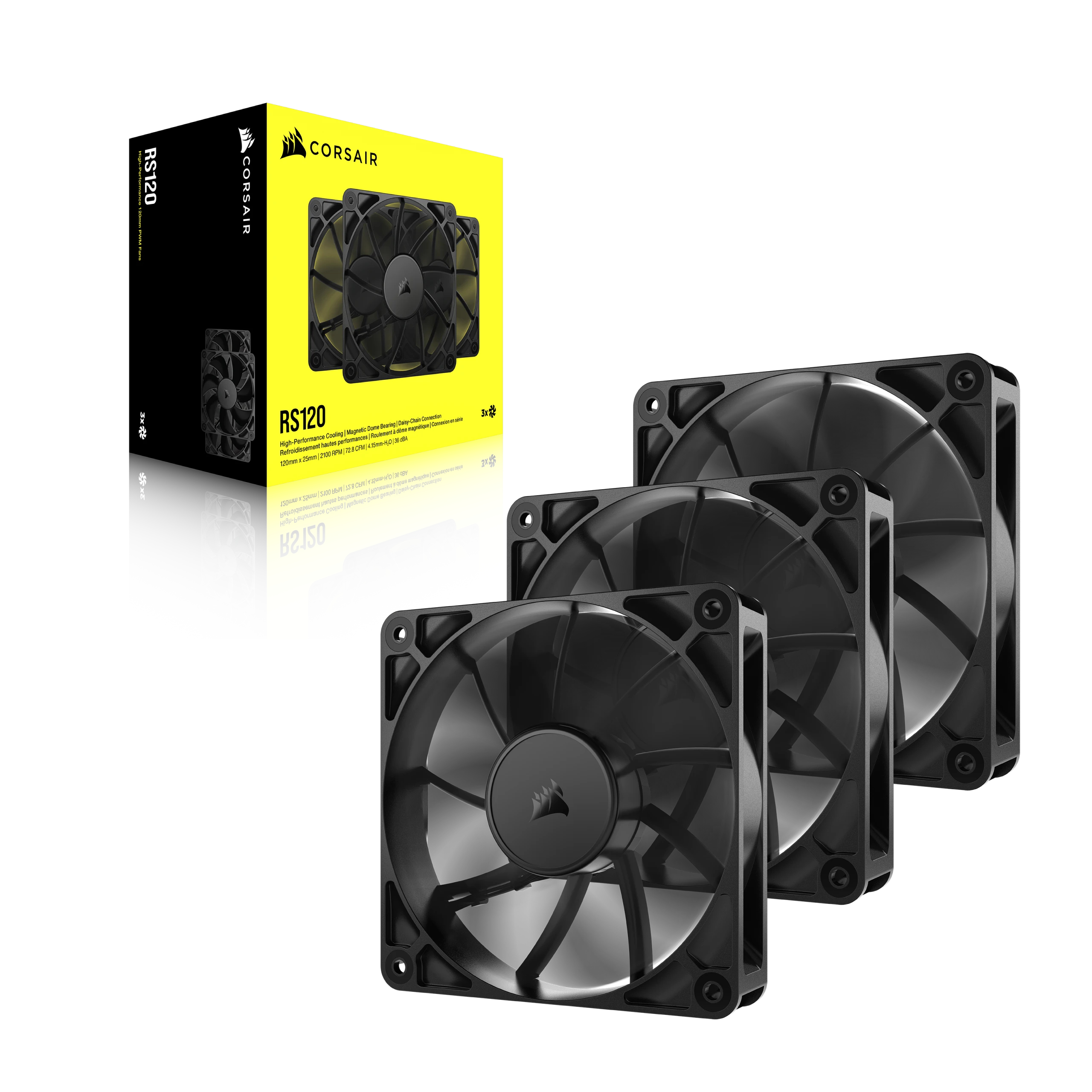 Trois ventilateurs PWM Corsair RS120 noirs et un emballage aux accents jaunes.