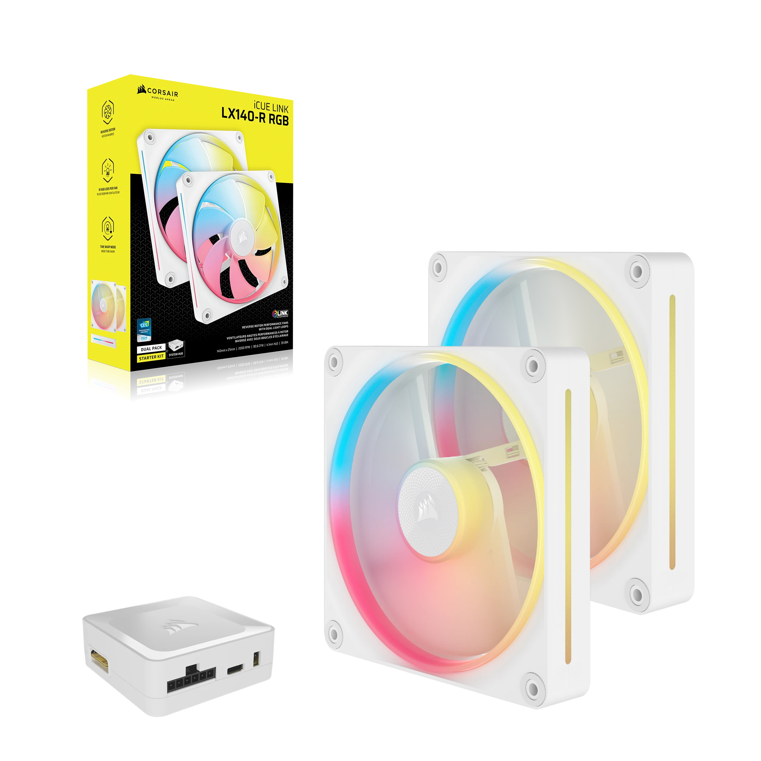 Deux ventilateurs PC RGB blancs et un hub blanc sur fond blanc.