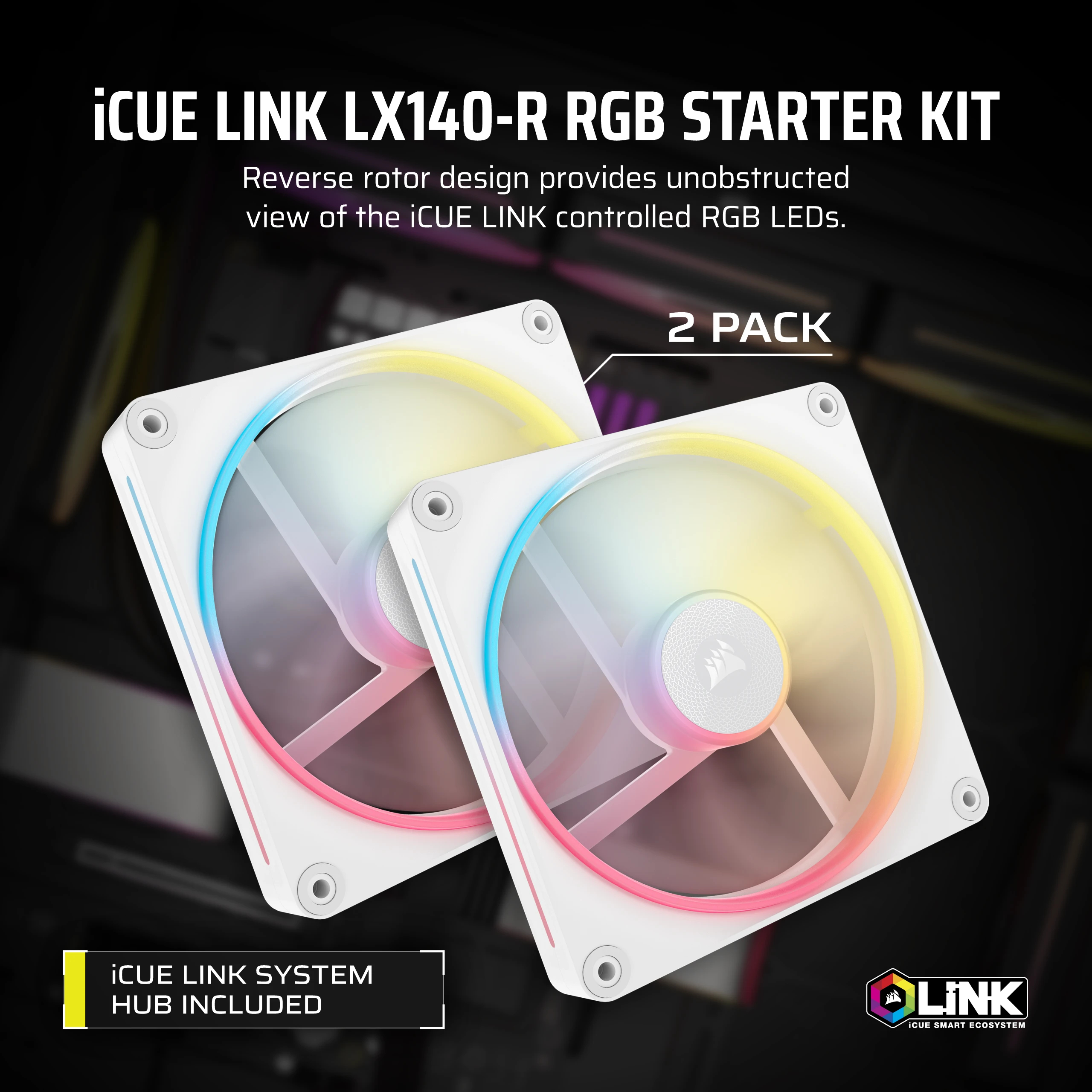 Deux ventilateurs RVB blancs avec dégradé de couleur, "2 PACK" et "iCUE LINK SYSTEM HUB INCLUDED".